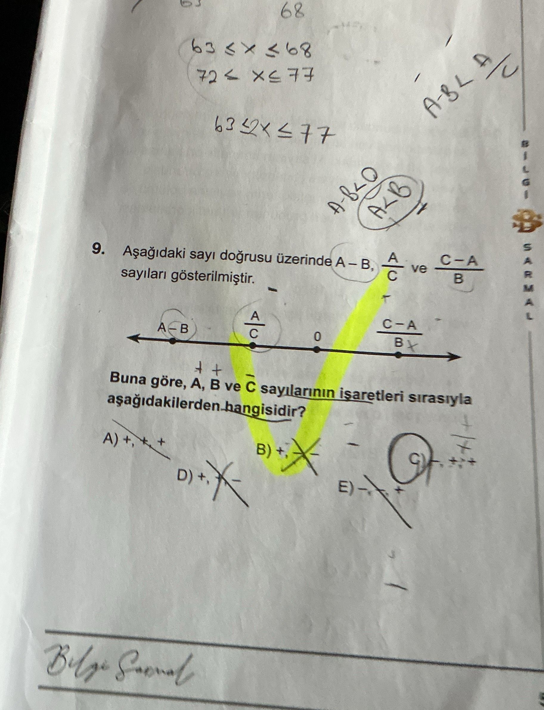 Aşağıdaki sayı doğrusu üzerinde A – B, A/C ve (C – A)/B sayıları gösterilmiştir. Buna göre, A, B ve