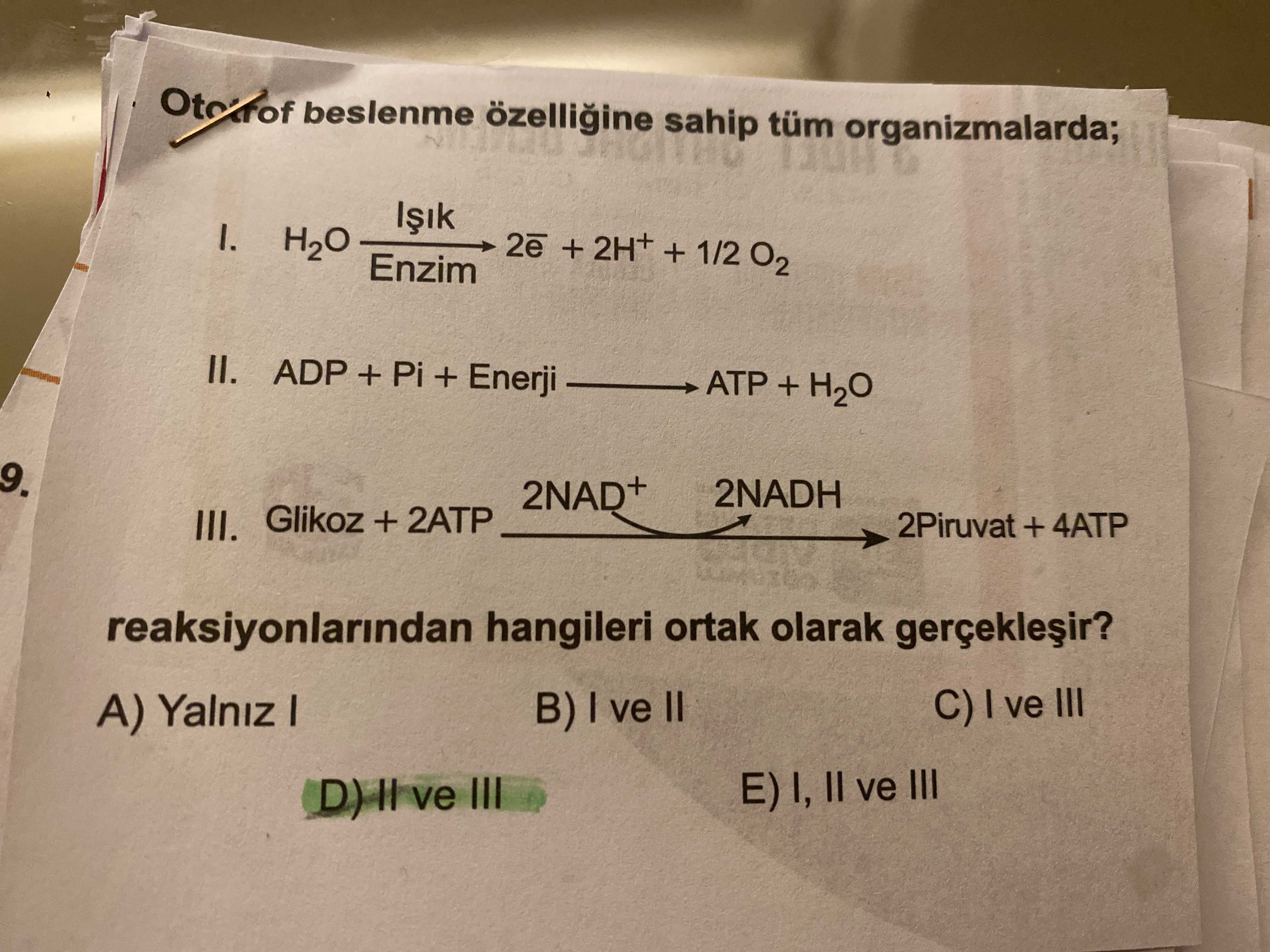 Ototrof beslenme özelliğine sahip tüm organizmalarda; I. H₂O --Işık/Enzim--> 2ē⁻ + 2H⁺ + 1/2 O₂ II