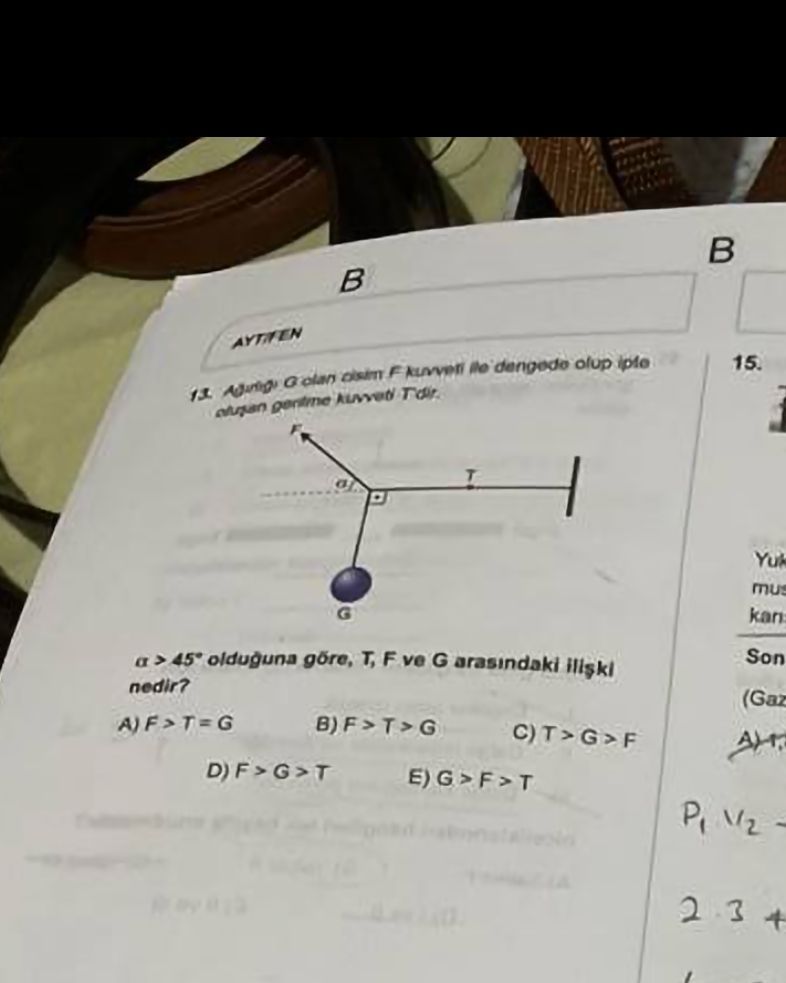 Ağırlığı G olan cisim F kuvveti ile dengede olup ipte oluşan germe kuvveti T'dir. α > 45° olduğuna