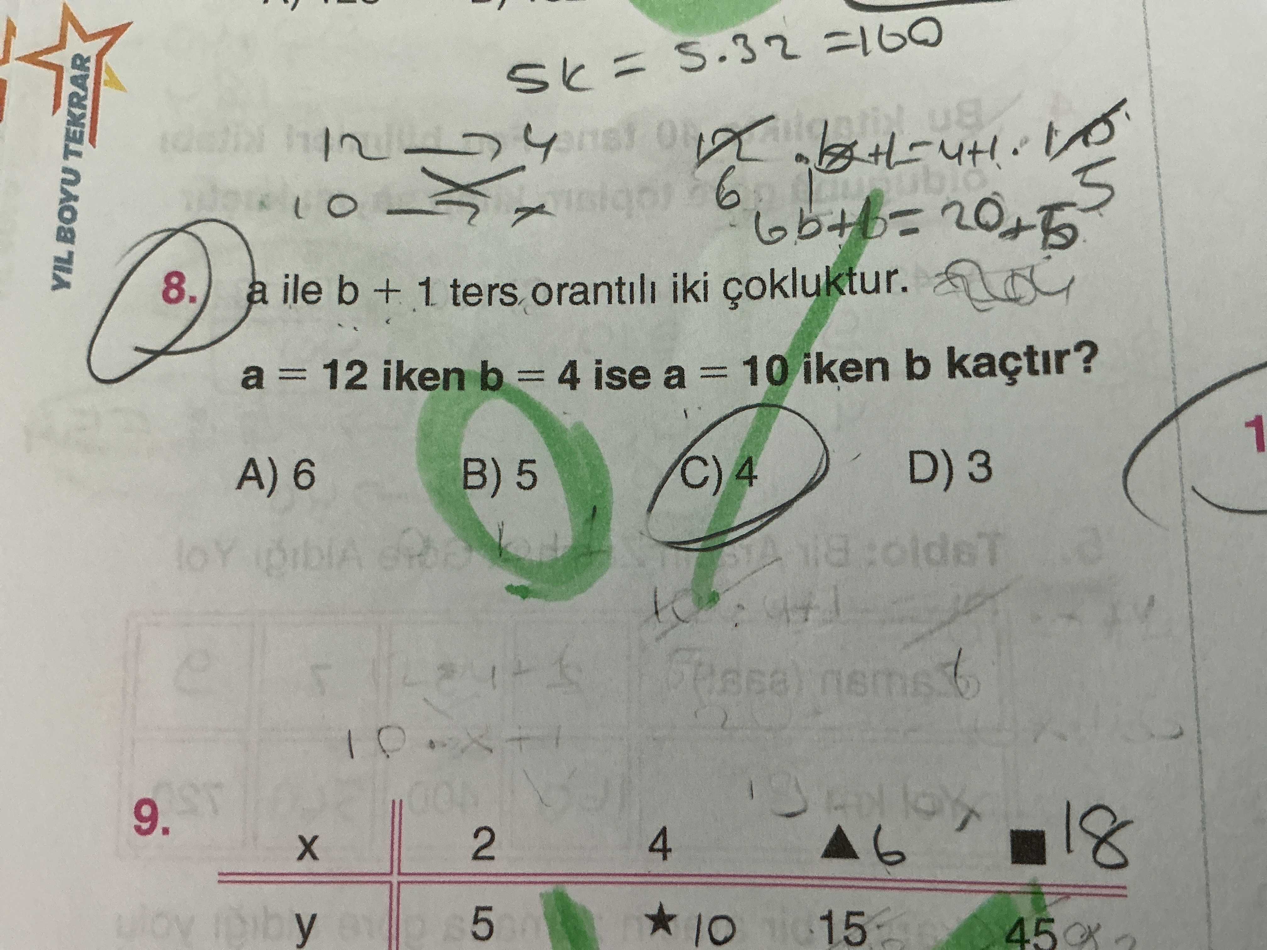 a ile b + 1 ters orantılı iki çokluktur. a = 12 iken b = 4 ise a = 10 iken b kaçtır?