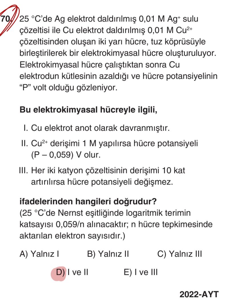 25 °C'de Ag elektrot daldırılmış 0,01 M Ag⁺ sulu çözeltisi ile Cu elektrot daldırılmış 0,01 M Cu²⁺
