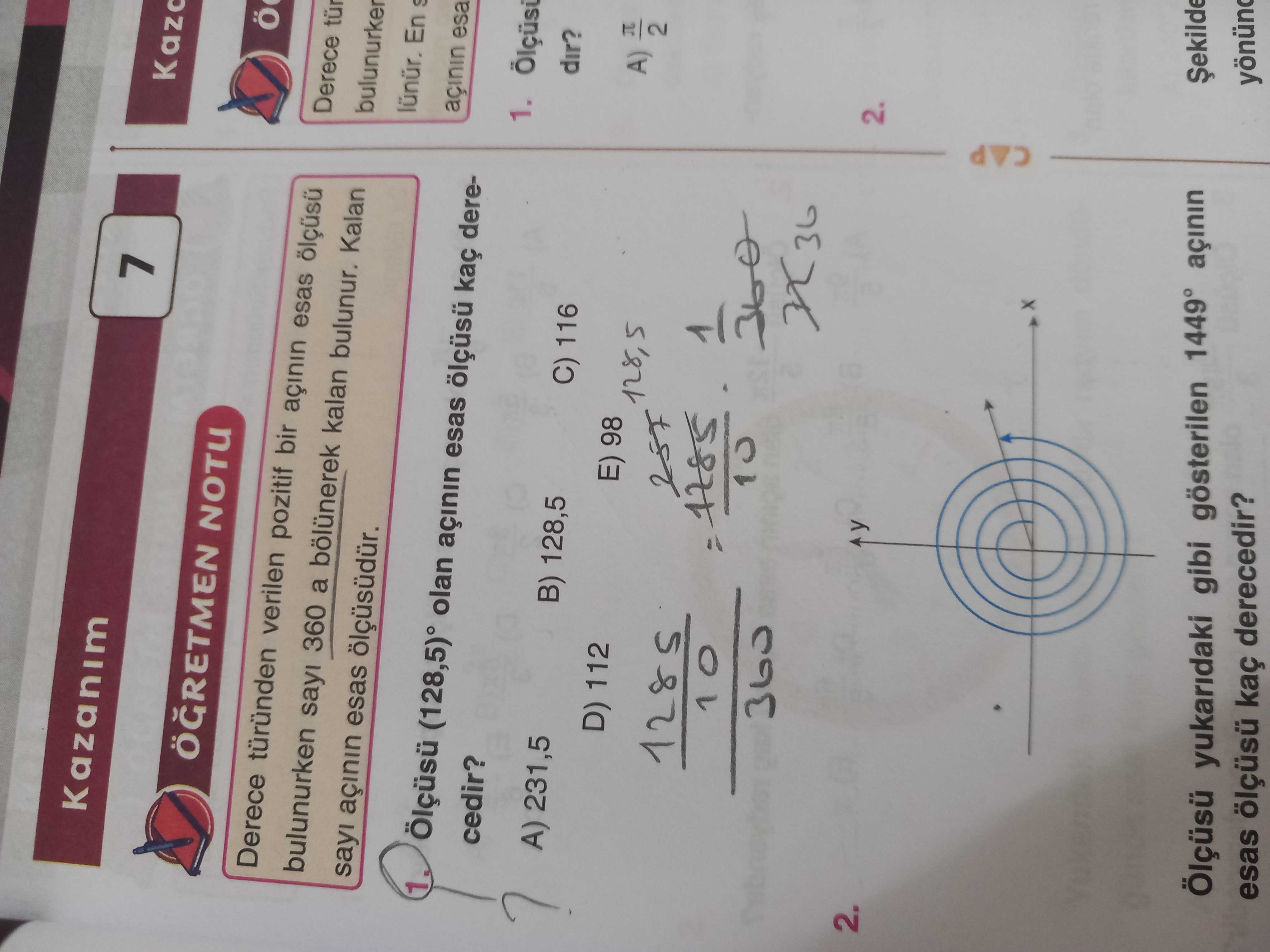 Ölçüsü (128,5)° olan açının esas ölçüsü kaç derecedir?