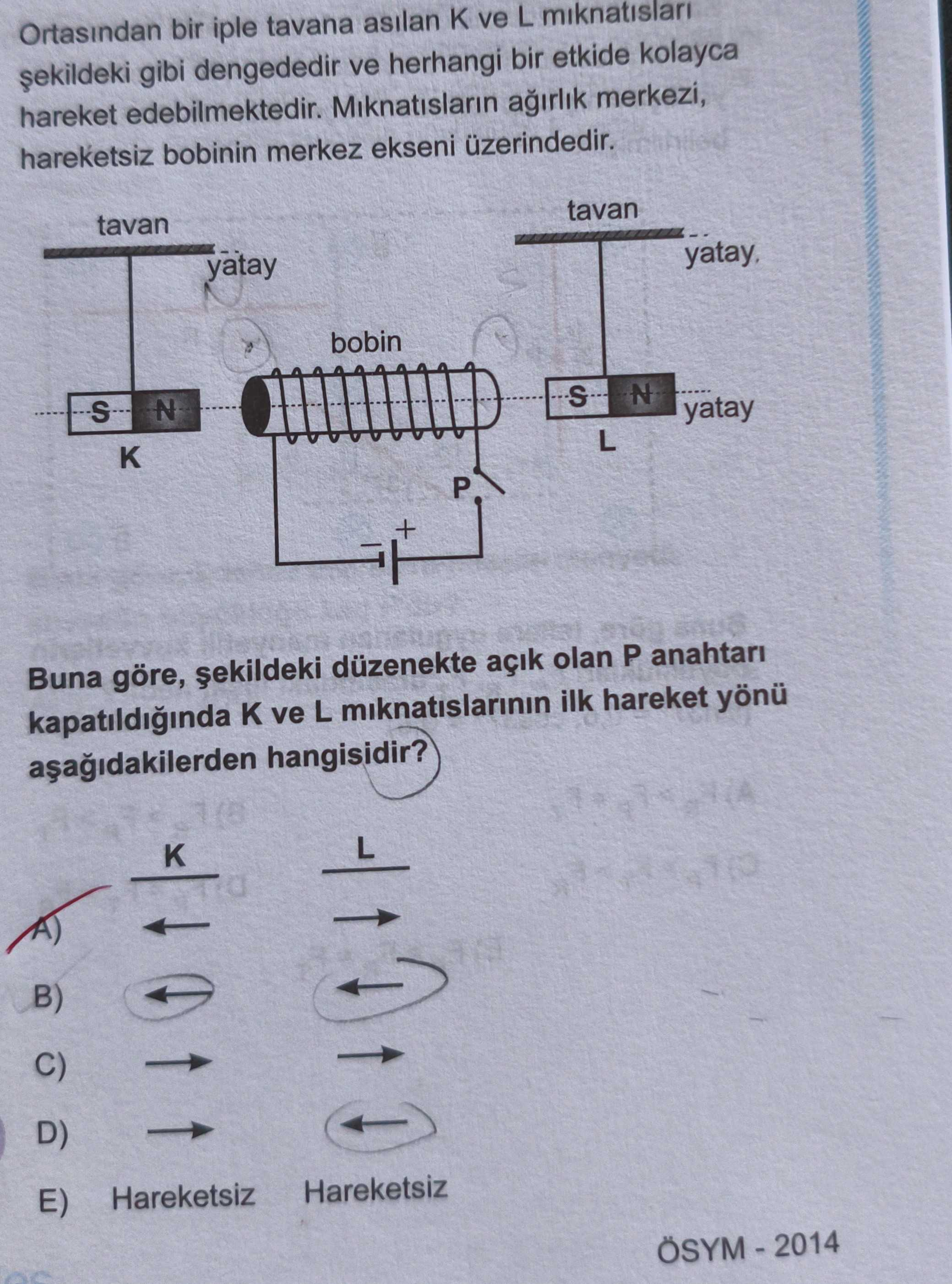 Ortasından bir iple tavana asılan K ve L mıknatısları şekildeki gibi dengededir ve herhangi bir