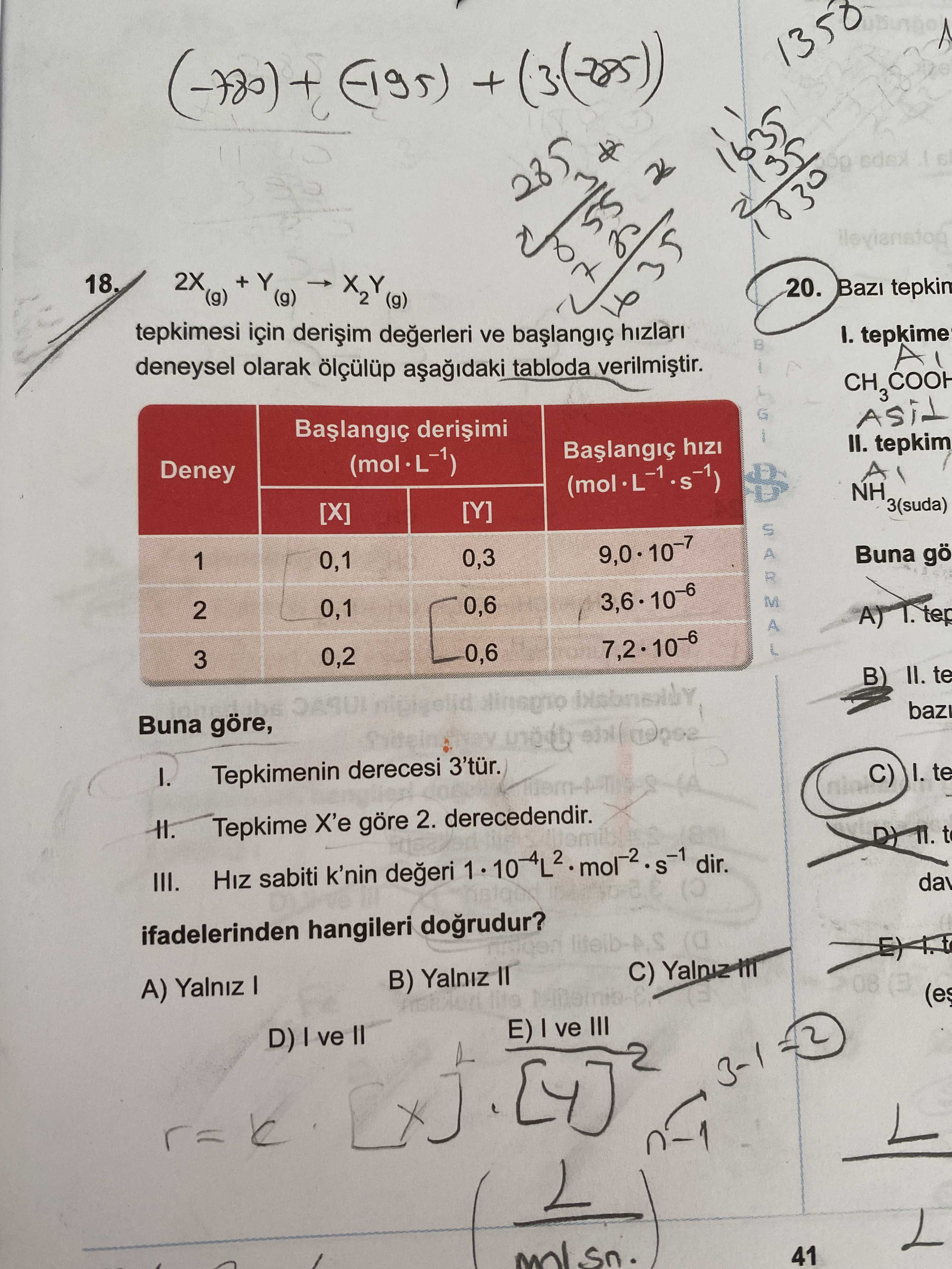 ve [Y] (mol·L⁻¹) ile başlangıç hızı (mol·L⁻¹·s⁻¹) değerleri gösteriliyor] 18. 2X₍g₎ + Y₍g₎ → X₂Y₍g₎