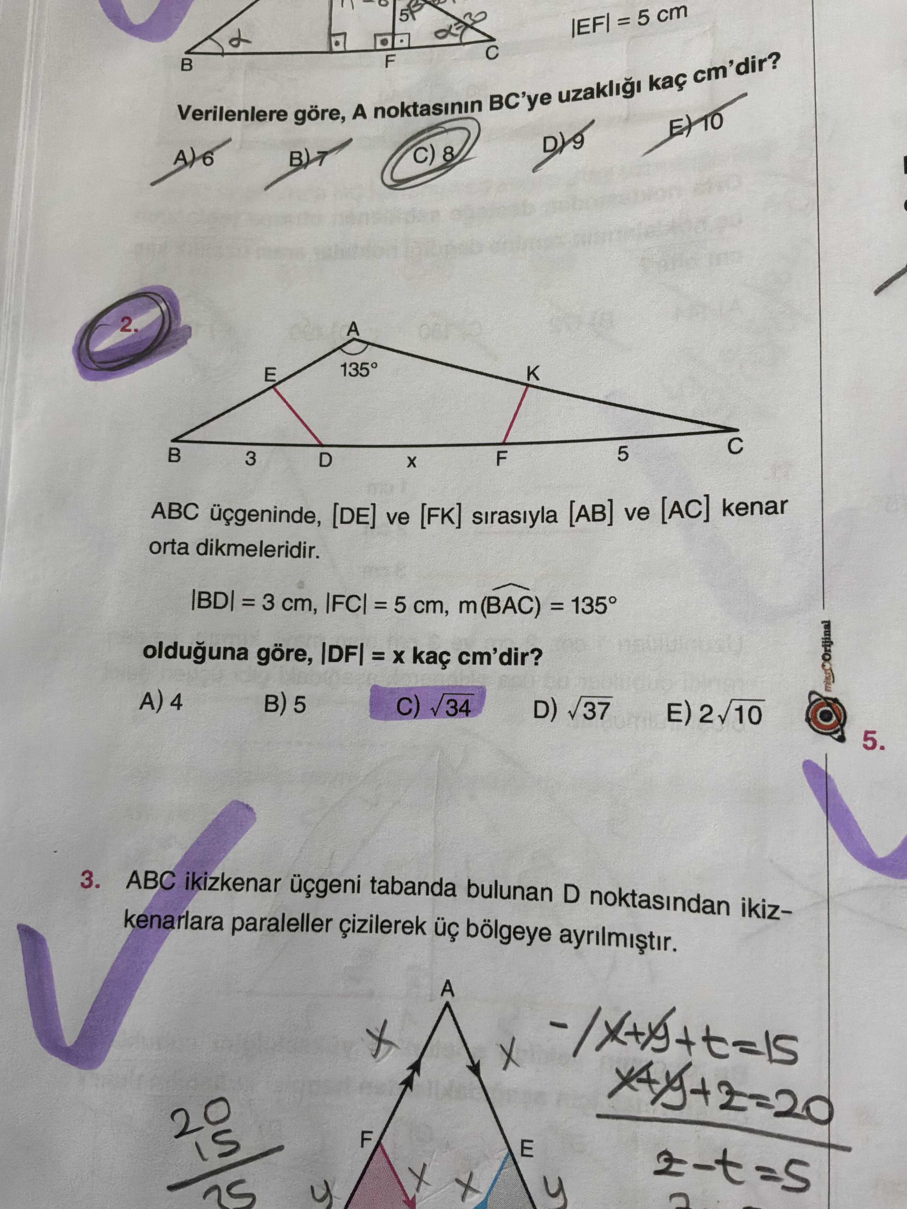 ve [FK] kenar orta dikmeleri kırmızı çizgilerle belirtilmiş, alt kenarda BD=3 ve FC=5 ölçüleri