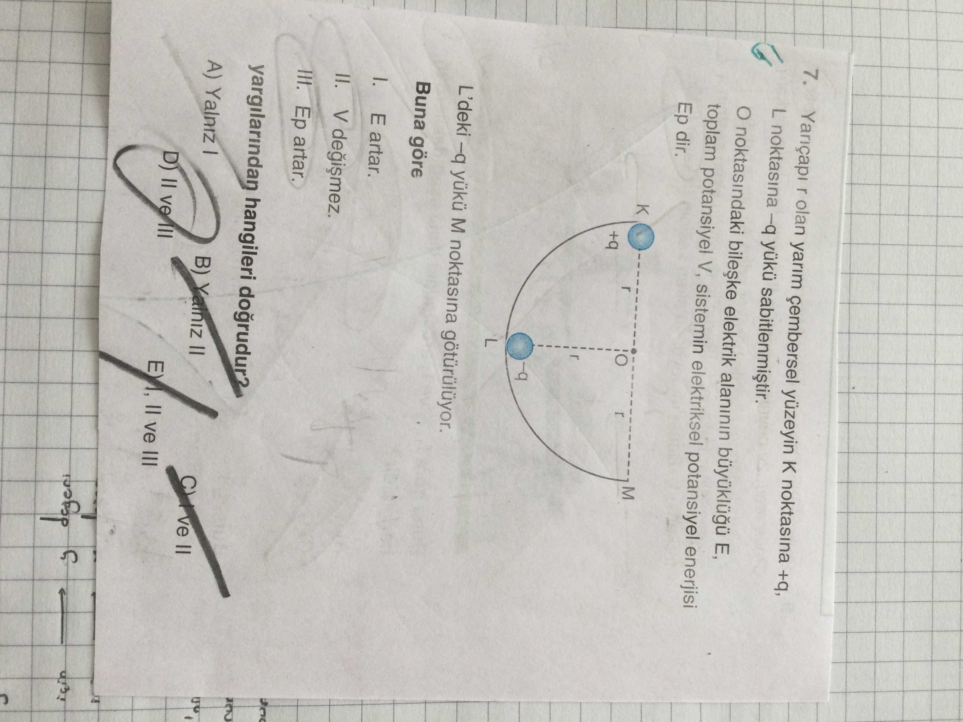 Yarıçapı r olan yarım çembersel yüzeyin K noktasına +q, L noktasına –q yükü sabitlenmiştir. O