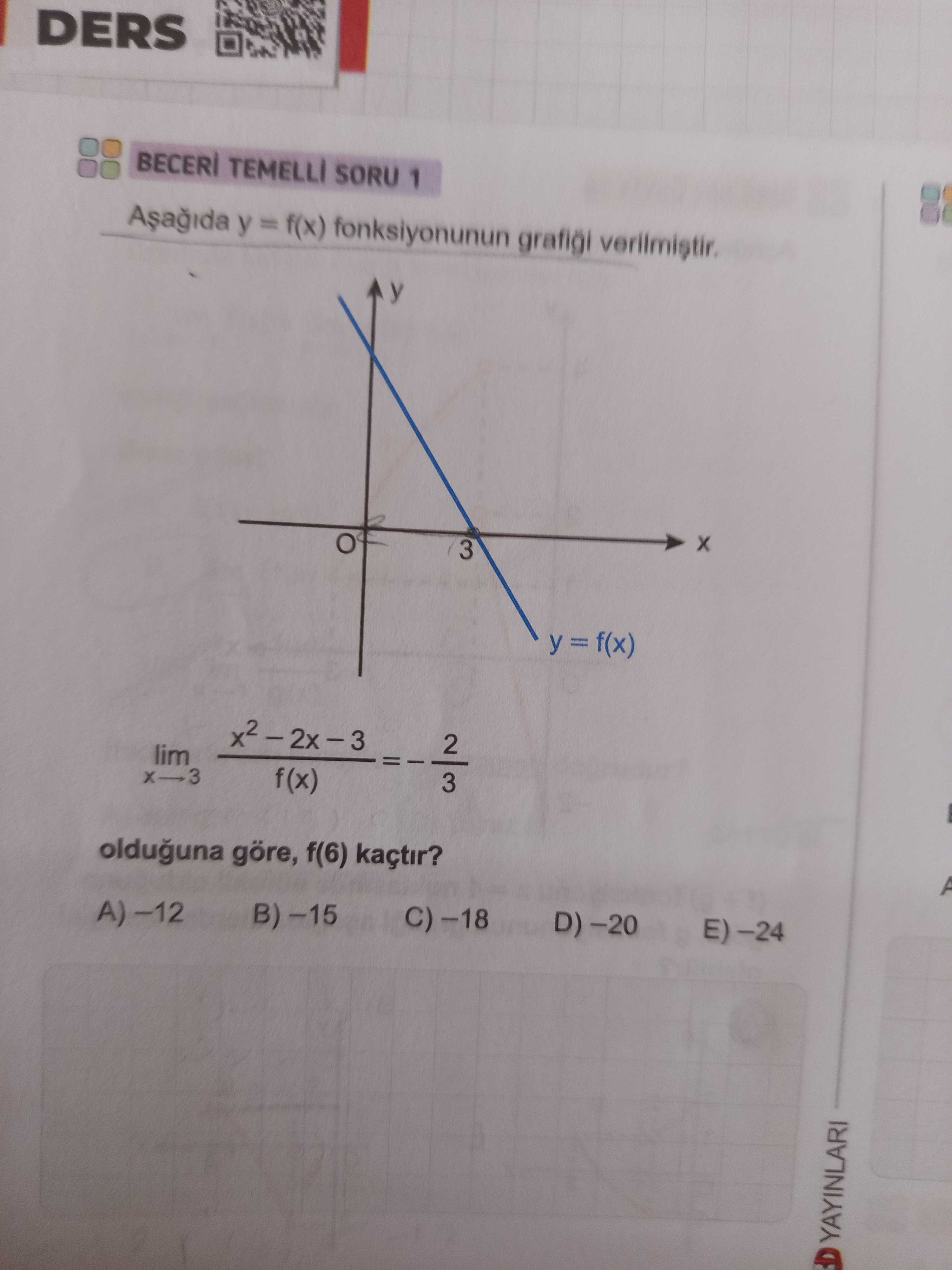 BECERİ TEMELLİ SORU 1 Aşağıda y = f(x) fonksiyonunun grafiği verilmiştir. lim x² – 2x – 3 x→3