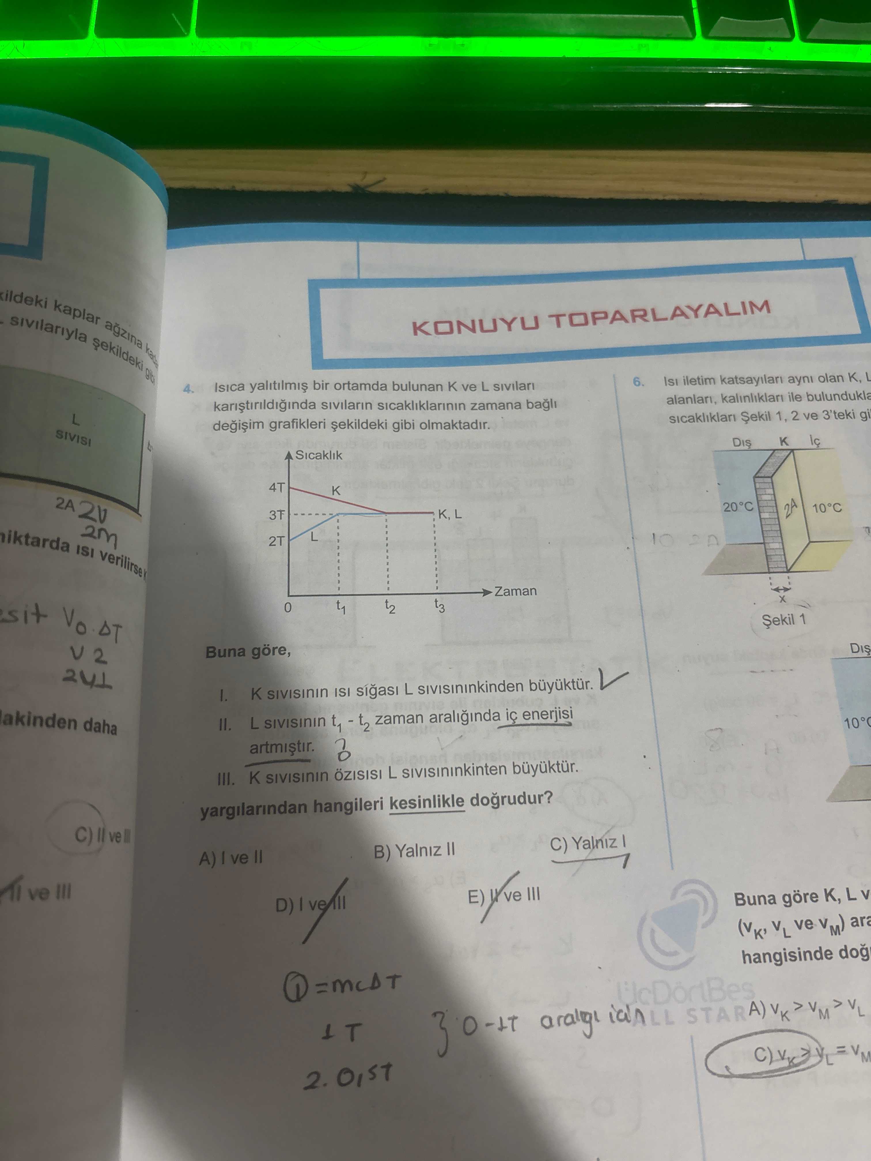 Isıca yalıtılmış bir ortamda bulunan K ve L sıvıları karıştırıldığında sıvıların sıcaklıklarının