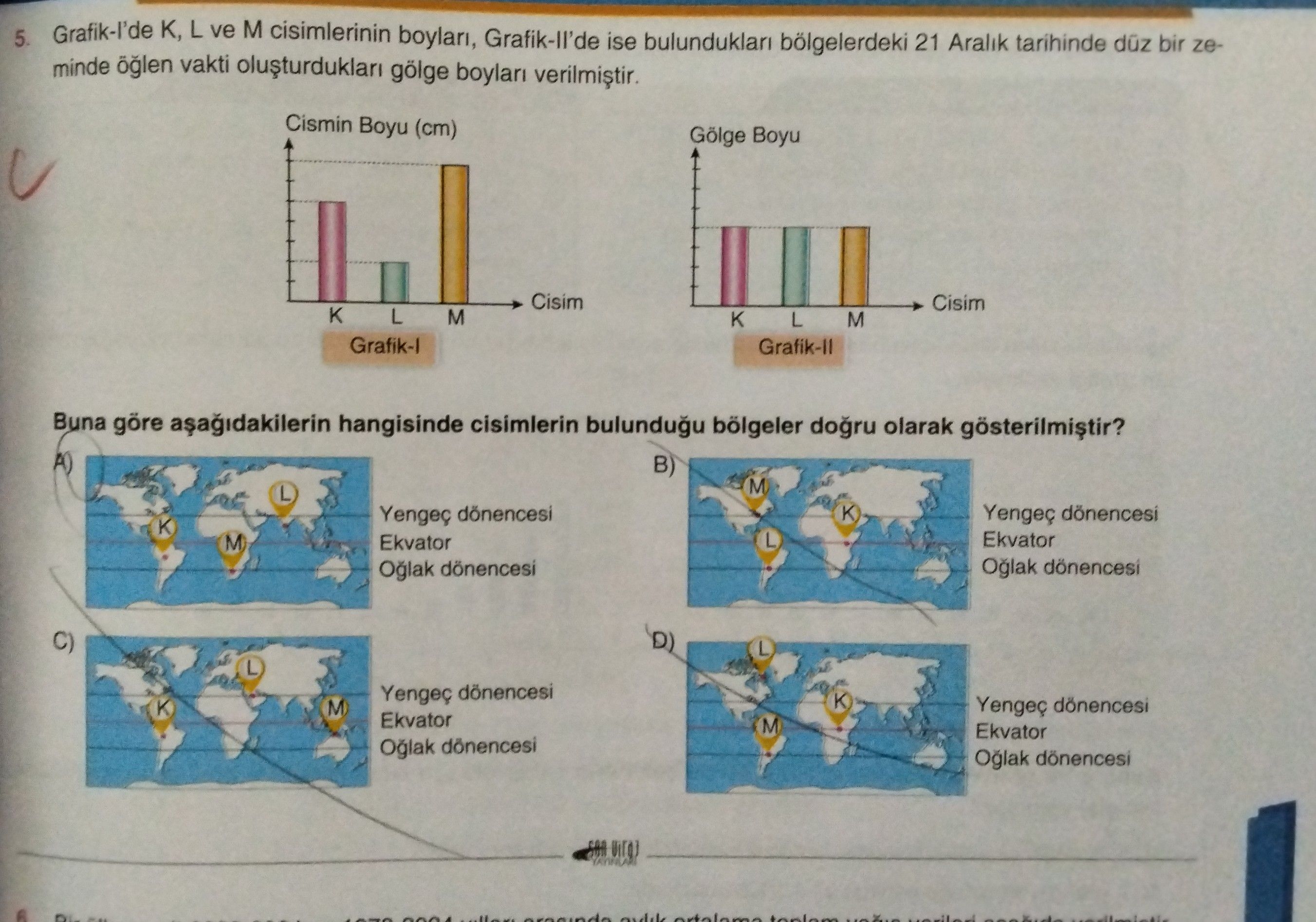Grafik-I'de K, L ve M cisimlerinin boyları, Grafik-II'de ise bulundukları bölgelerdeki 21 Aralık