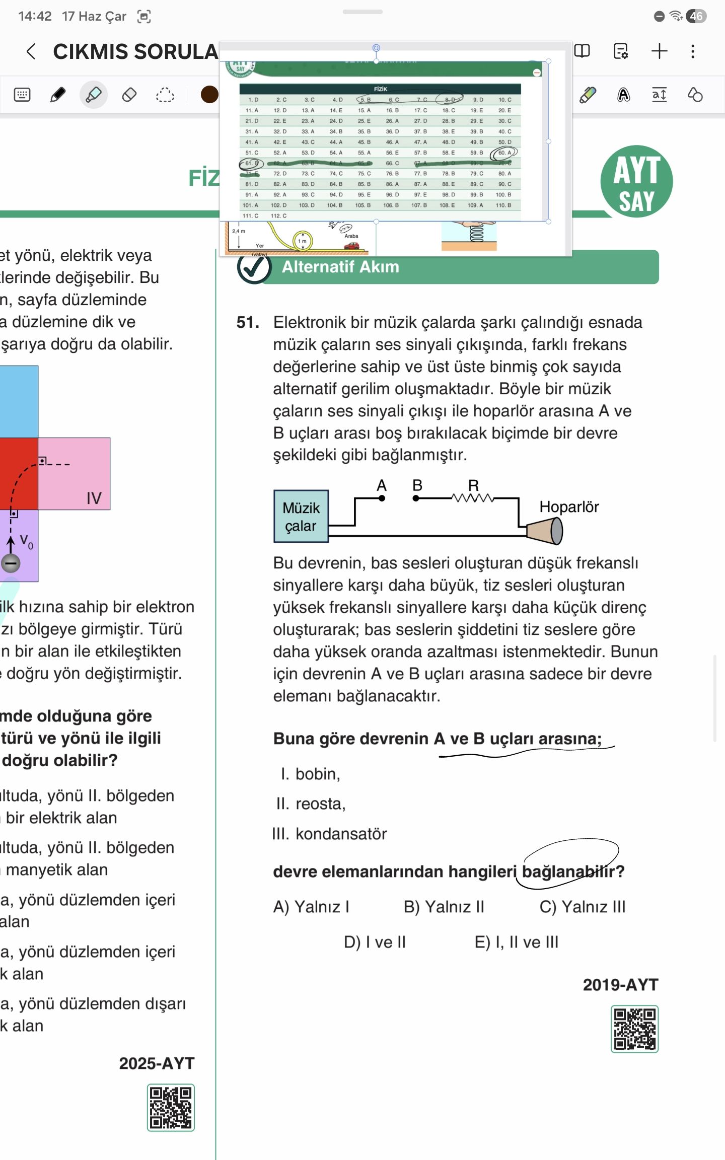 Elektronik bir müzik çalarda şarkı çalındığı esnada müzik çaların ses sinyali çıkışında, farklı