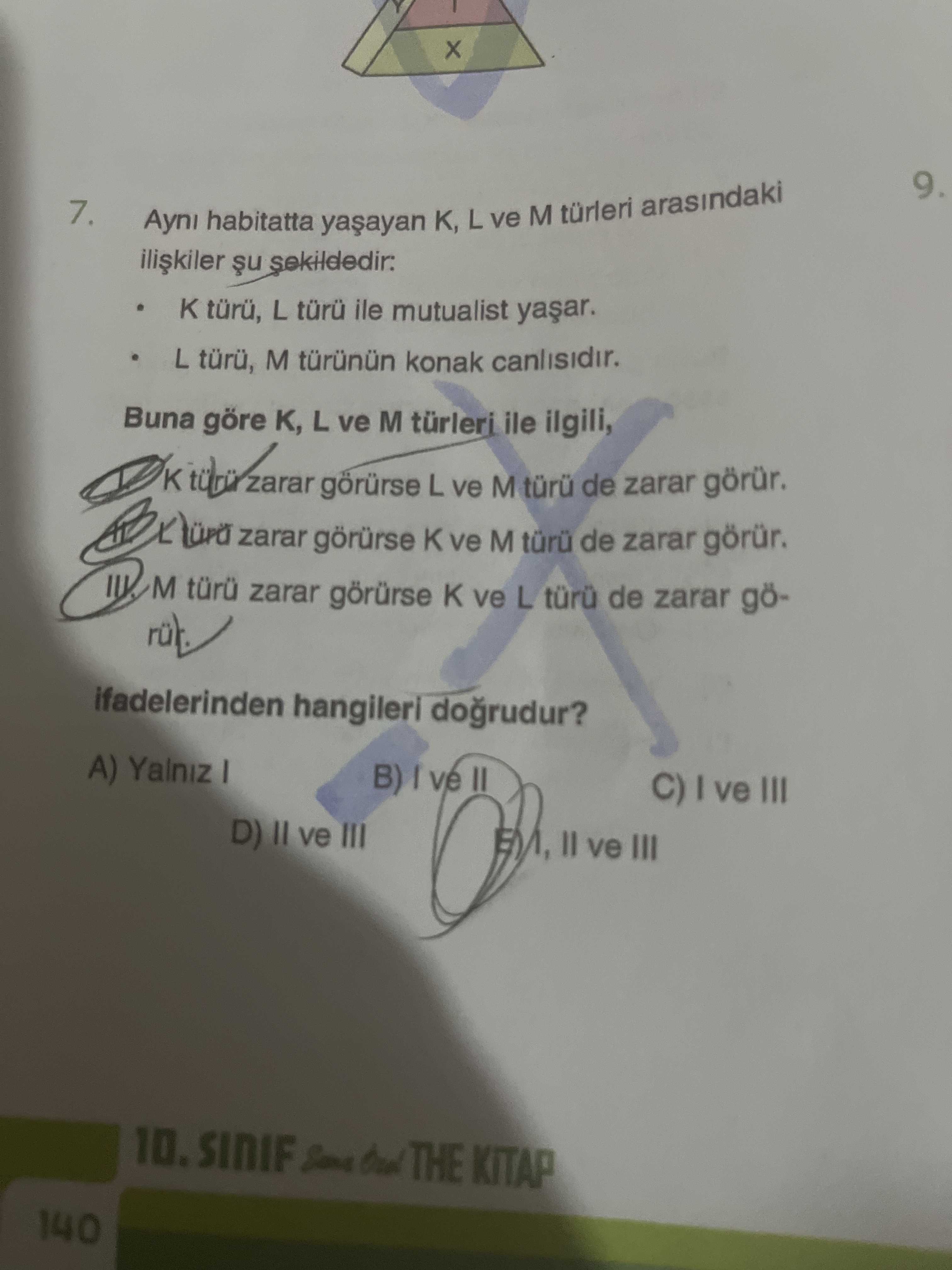Aynı habitatta yaşayan K, L ve M türleri arasındaki ilişkiler şu şekildedir: • K türü, L türü ile