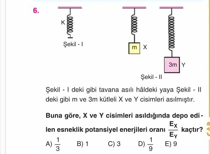 Şekil - I deki gibi tavana asılı hâldeki yaya Şekil - II deki gibi m ve 3m kütleli X ve Y cisimleri