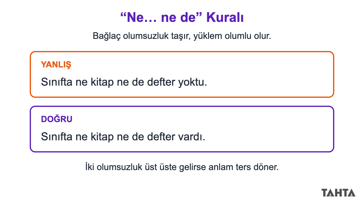 Ne ne de bağlacıyla kurulan cümlede yüklemin olumlu olması gerektiğini gösteren yanlış ve doğru cümle kutuları