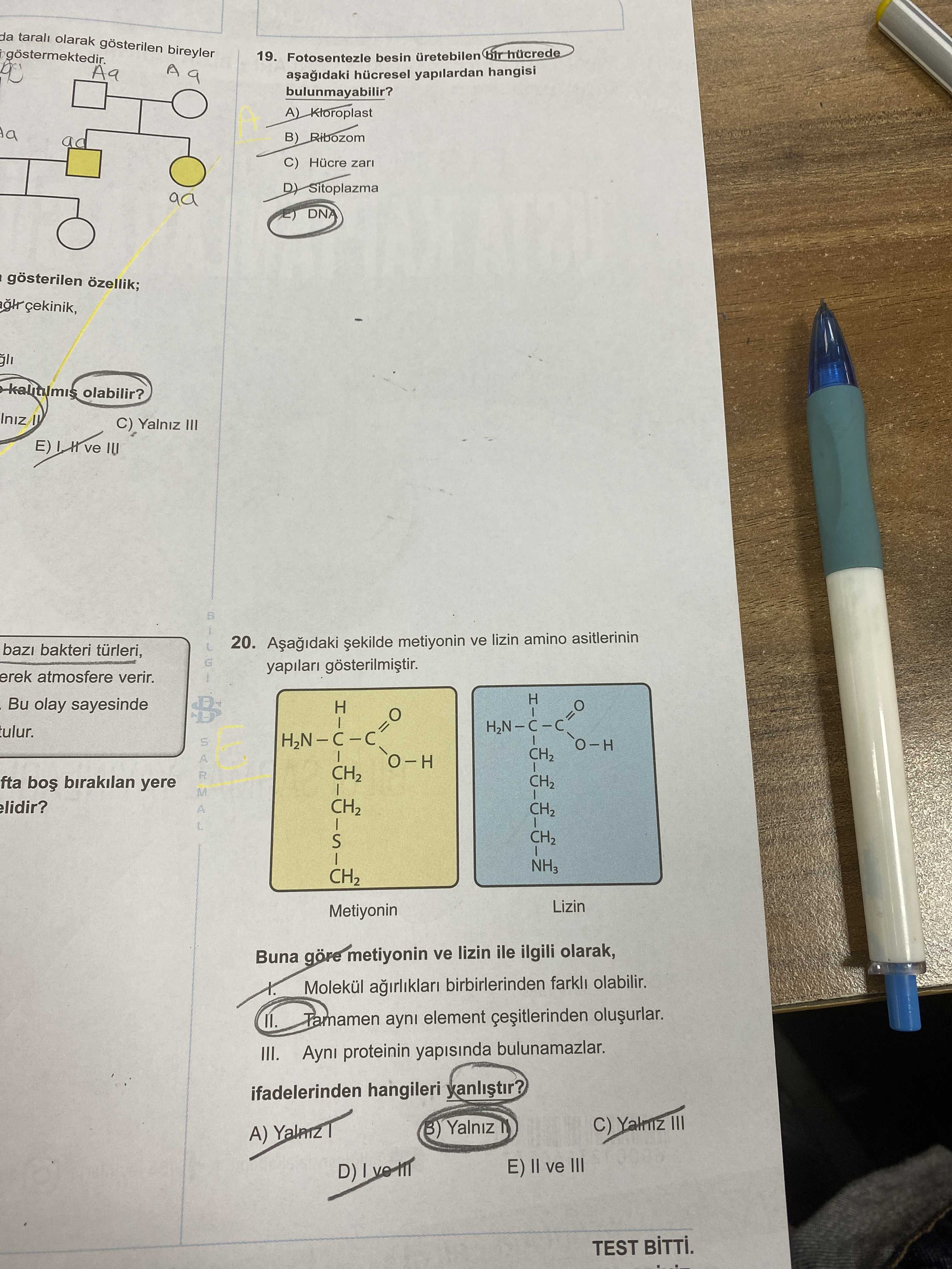 Aşağıdaki şekilde metiyonin ve lizin amino asitlerinin yapıları gösterilmiştir. Metiyonin: H₂N−C−C=O