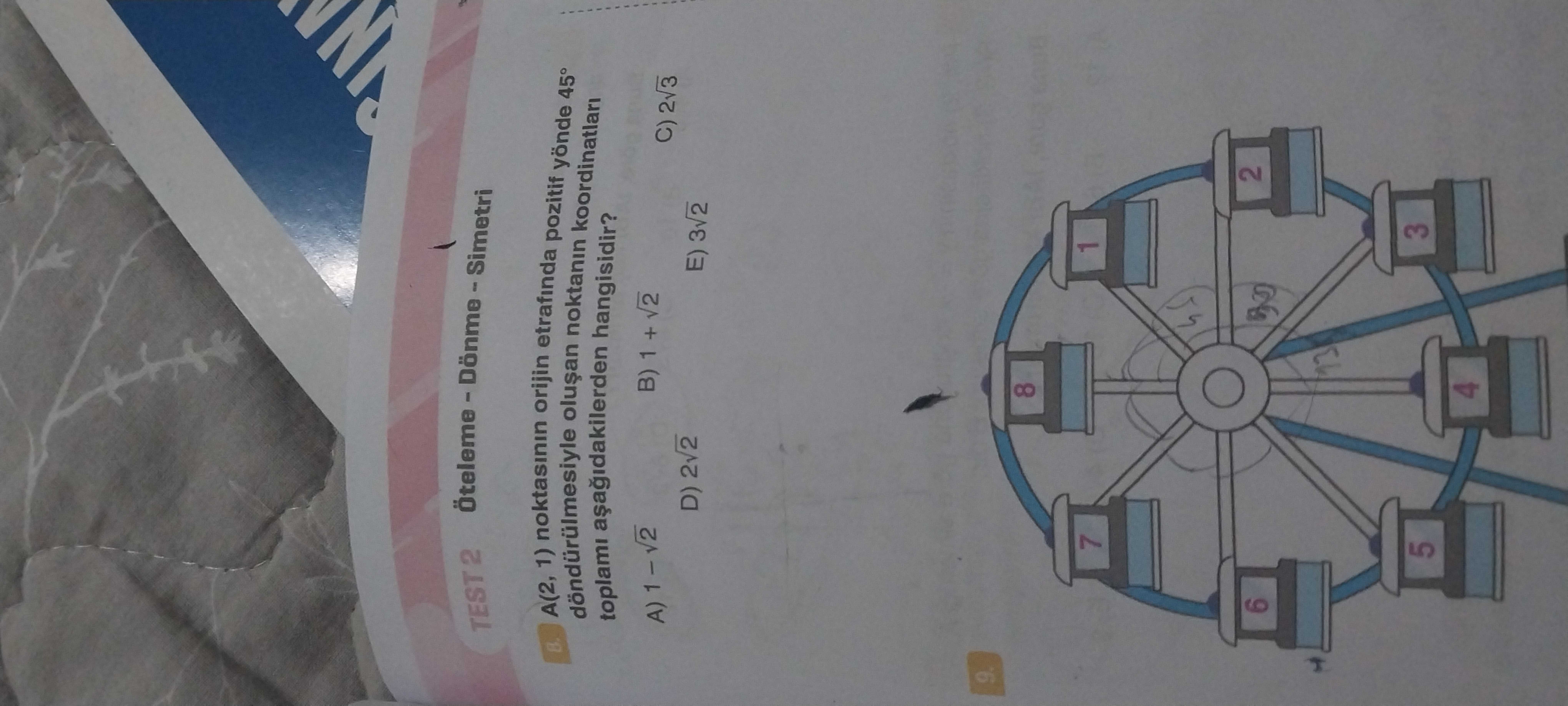 A(2, 1) noktasının orijin etrafında pozitif yönde 45° döndürülmesiyle oluşan noktanın koordinatları