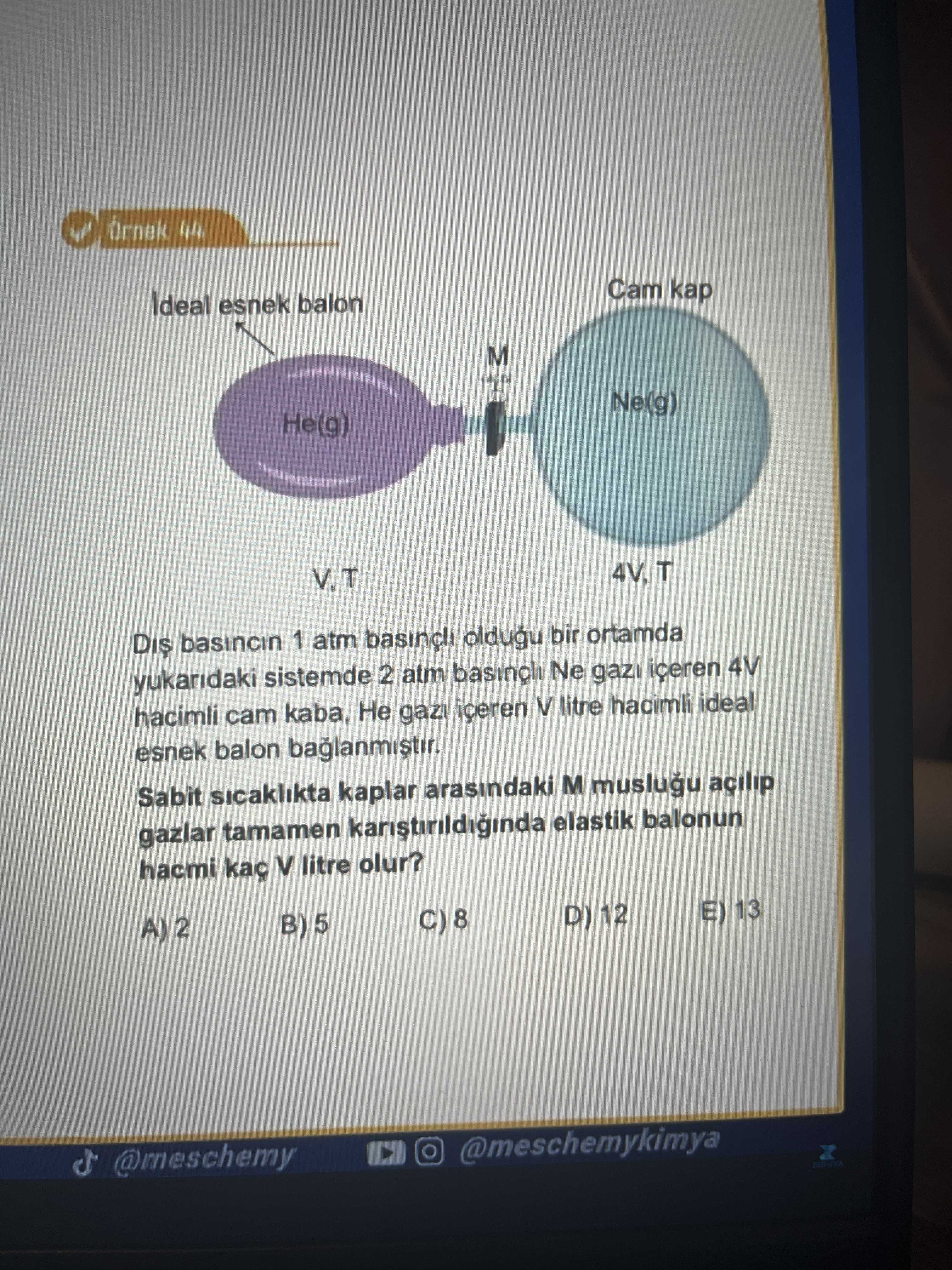 Dış basıncın 1 atm basınçlı olduğu bir ortamda yukarıdaki sistemde 2 atm basınçlı Ne gazı içeren 4V