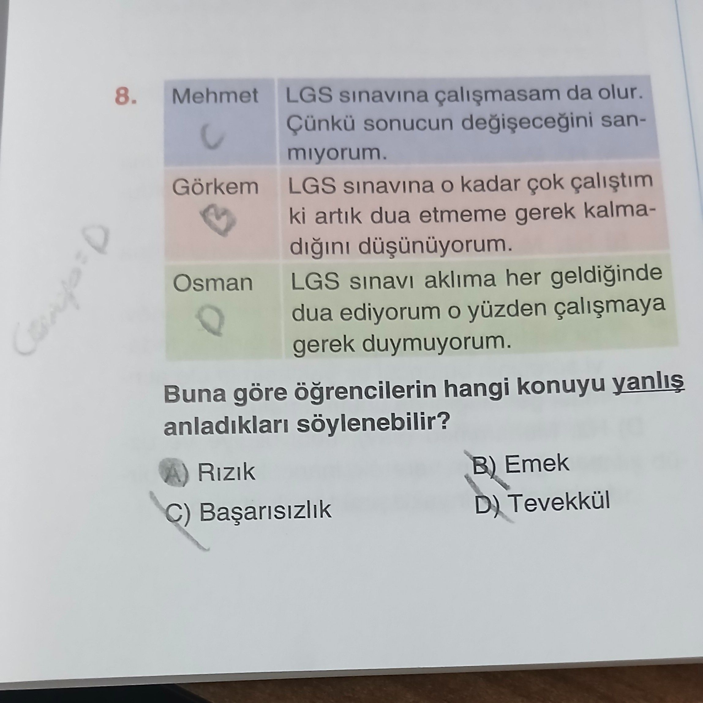 Mehmet: LGS sınavına çalışmasam da olur. Çünkü sonucun değişeceğini sanmıyorum. Görkem: LGS sınavına