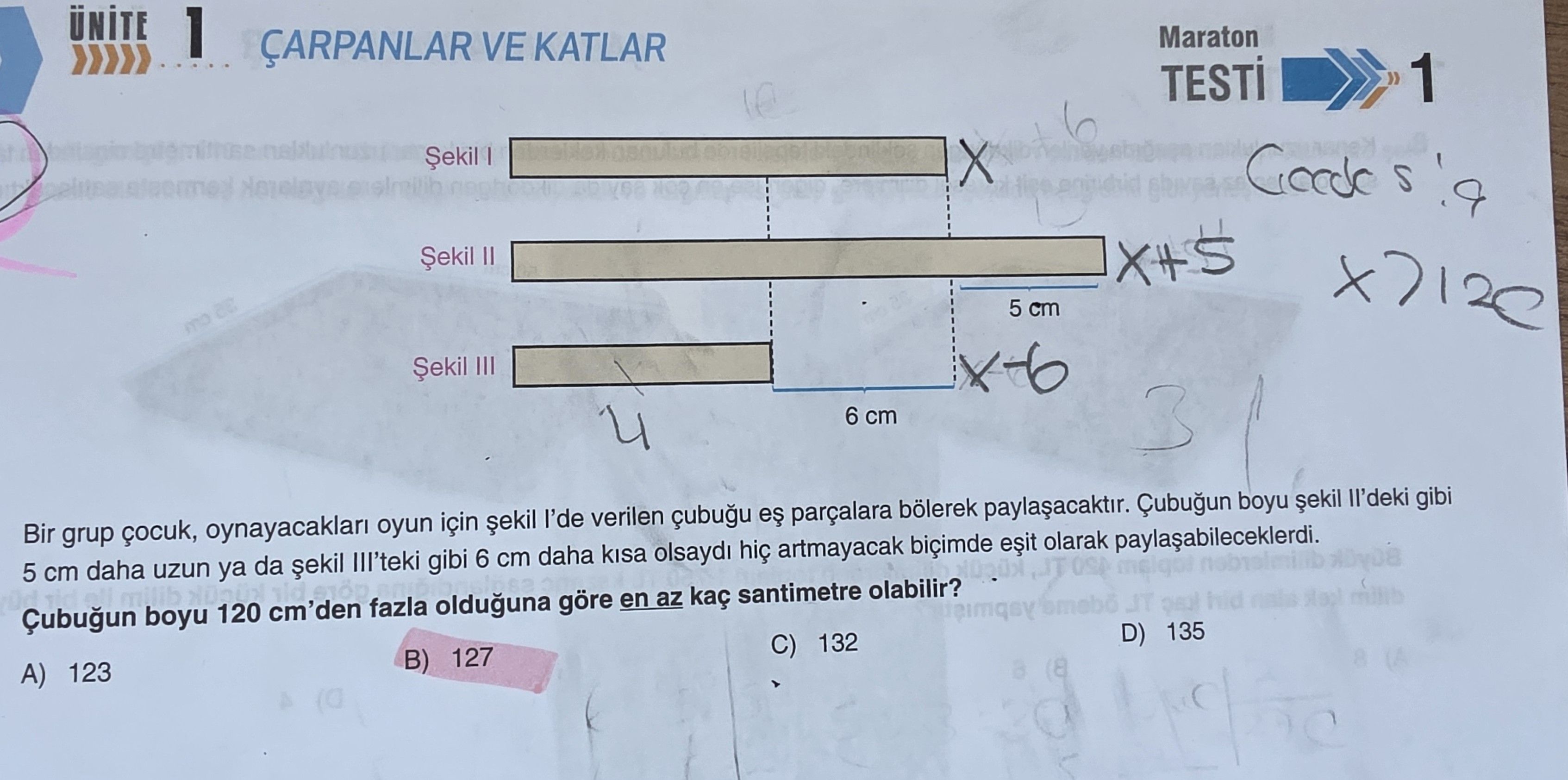 Bir grup çocuk, oynayacakları oyun için şekil I'de verilen çubuğu eş parçalara bölerek