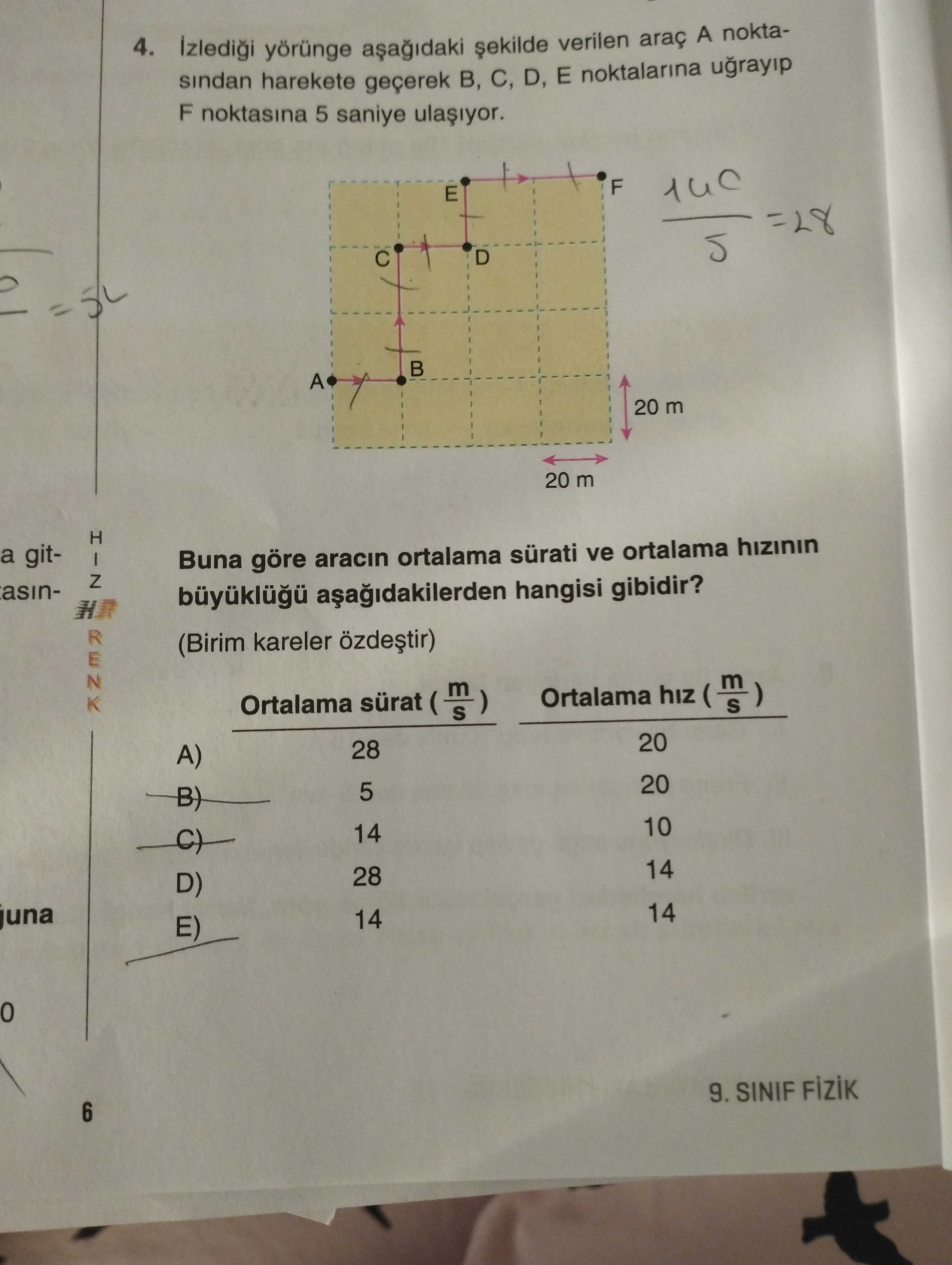 İzlediği yörünge aşağıdaki şekilde verilen araç A noktasından harekete geçerek B, C, D, E