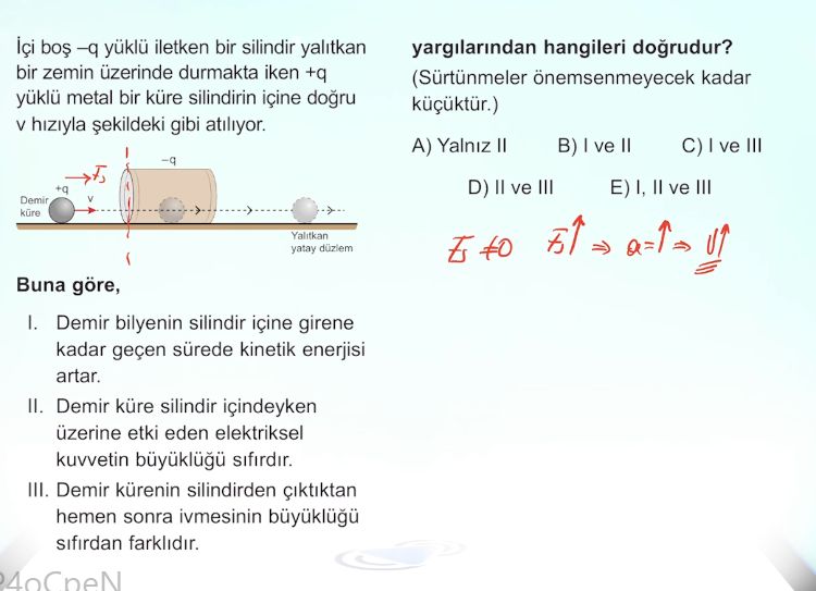 İçi boş –q yüklü iletken bir silindir yalıtkan bir zemin üzerinde durmakta iken +q yüklü metal bir küre silindirin içine doğru v
