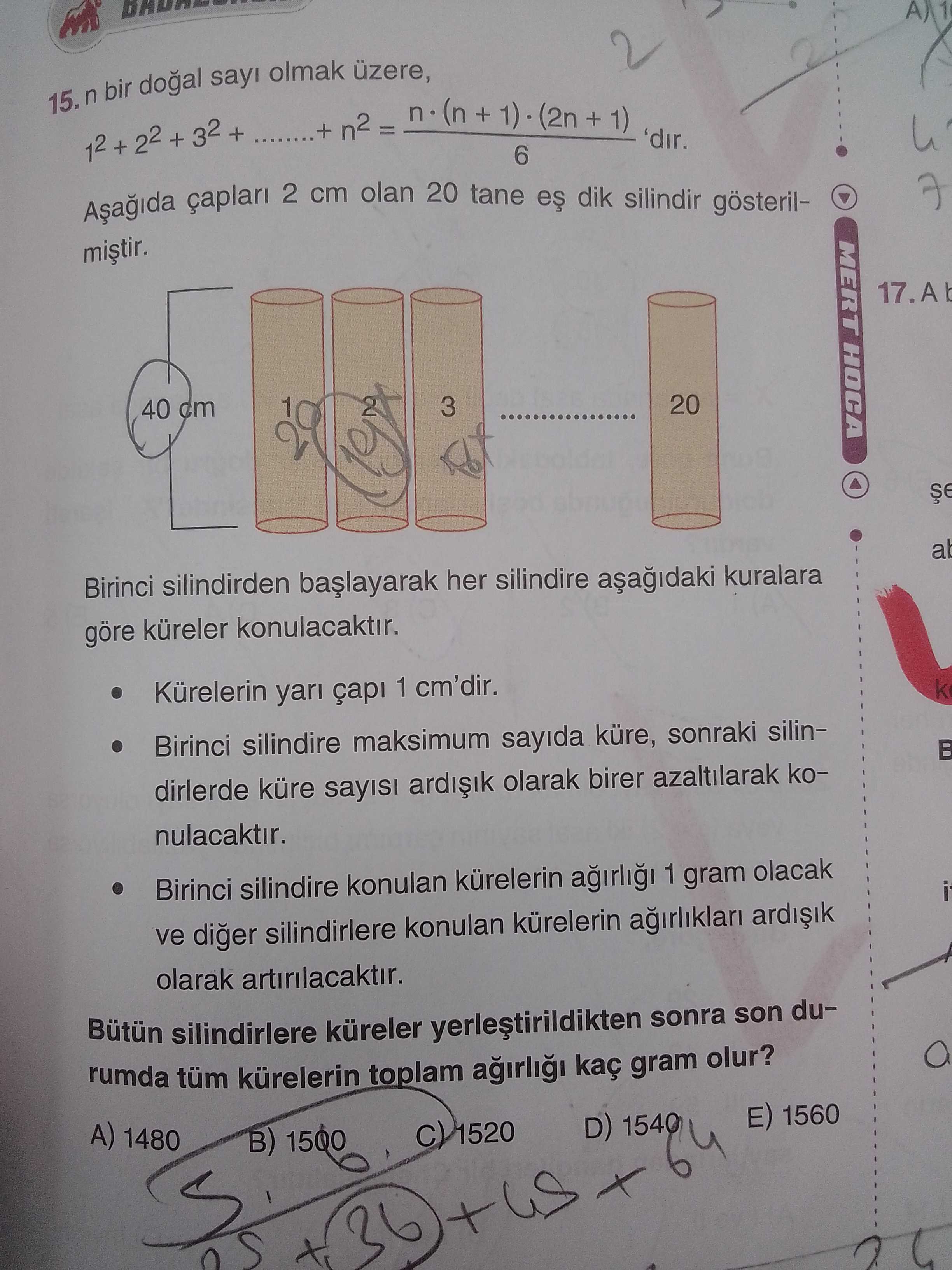 n bir doğal sayı olmak üzere, 1² + 2² + 3² + ........+ n² = n·(n + 1)·(2n + 1) / 6 'dır. Aşağıda