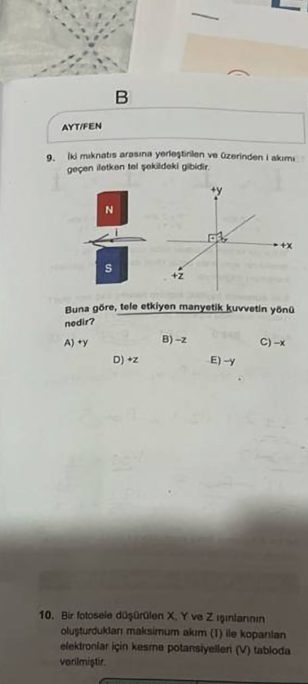 İki mıknatıs arasına yerleştirilen ve üzerinden i akımı geçen iletken tel şekildeki gibidir. Buna