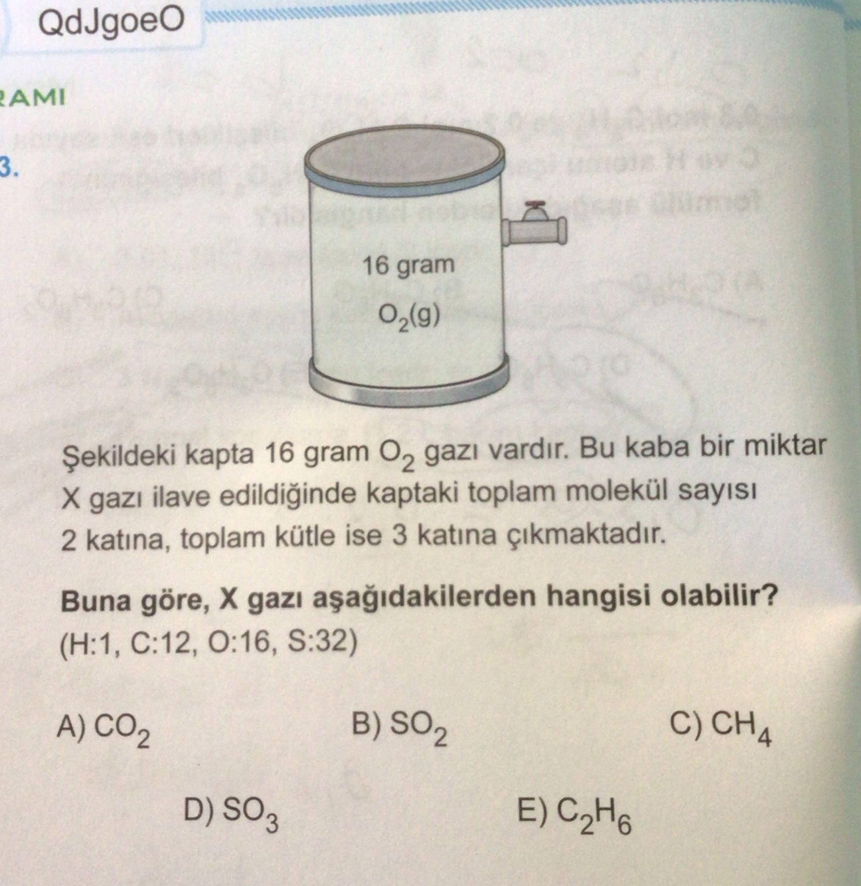 Şekildeki kapta 16 gram O₂ gazı vardır. Bu kaba bir miktar X gazı ilave edildiğinde kaptaki toplam