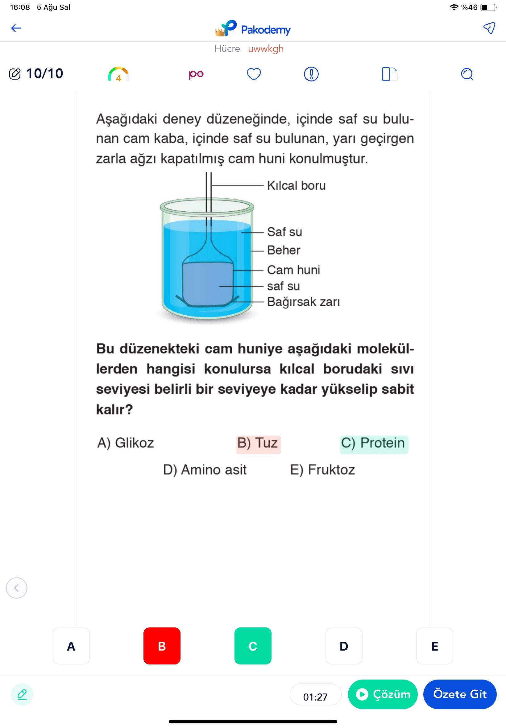 16:08 5 Sal %46 Pakodemy Hücre uwwkgh 10/10. po 4 deney içinde saf su bulunan cam kaba, içinde saf su bulunan, yari geçirgen zarla cam huni Kilcal boru Saf su Beher Cam huni saf su Bairsak zari Bu düzenekteki cam huniye moleküllerden hangisi konulursa kilcal borudaki SIVI seviyesi belirli bir seviyeye kadar yükselip sabit kalir. Glikoz B) Tuz C) Protein E) Fruktoz D) Amino asit A E D Özete Git Çözüm 01:27 16:08 5 Sal %46 Pakodemy Hücre uwwkgh 10/10. Glikoz B) Tuz C) Protein E) Fruktoz D) Amino asit A E D Özete Git Çözüm 01:27. ?? Model.Question.title