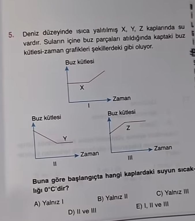 Deniz düzeyinde ısıca yalıtılmış X, Y, Z kaplarında su vardır. Suların içine buz parçaları