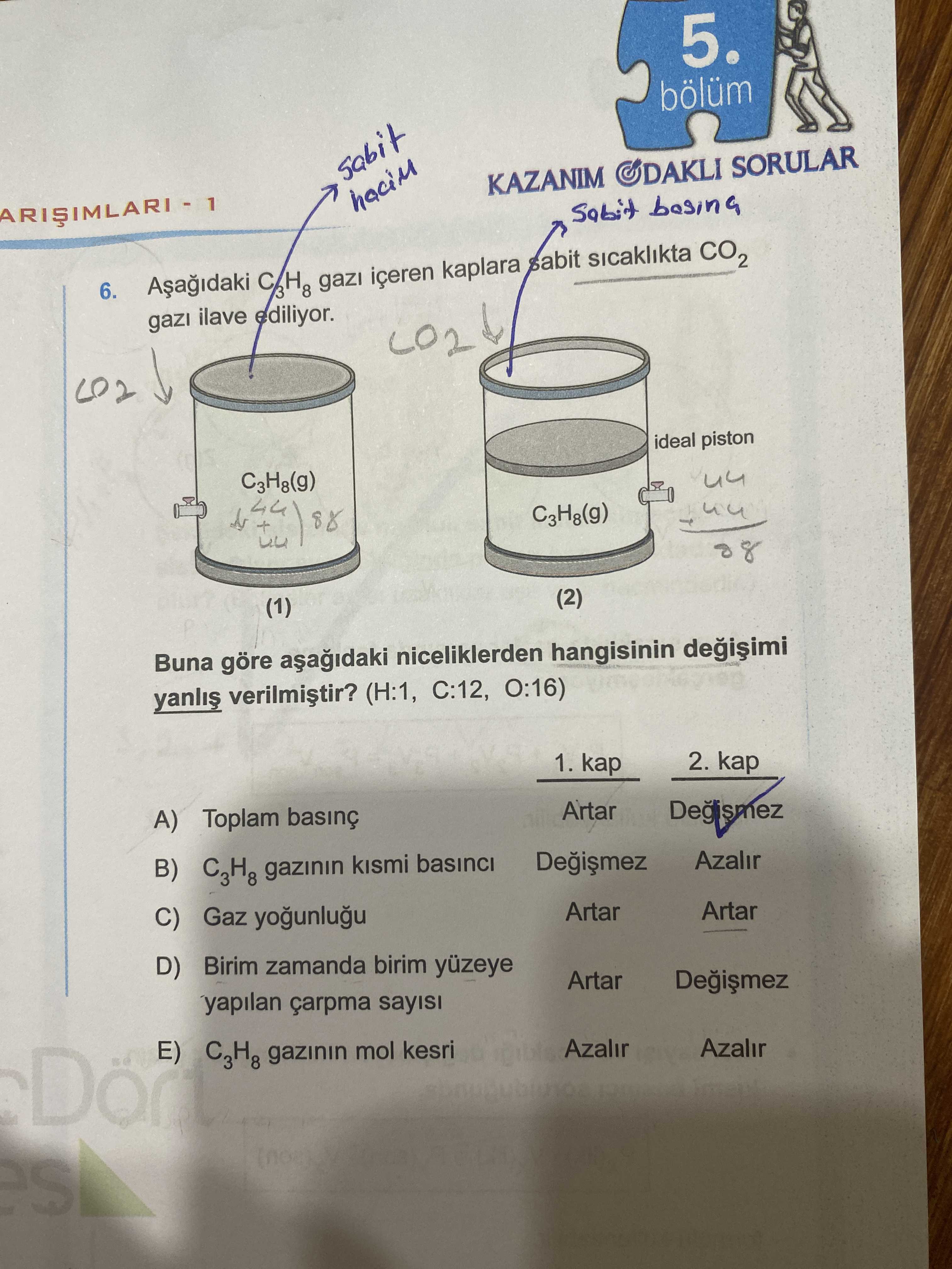 Aşağıdaki C₃H₈ gazı içeren kaplara sabit sıcaklıkta CO₂ gazı ilave ediliyor. Buna göre aşağıdaki