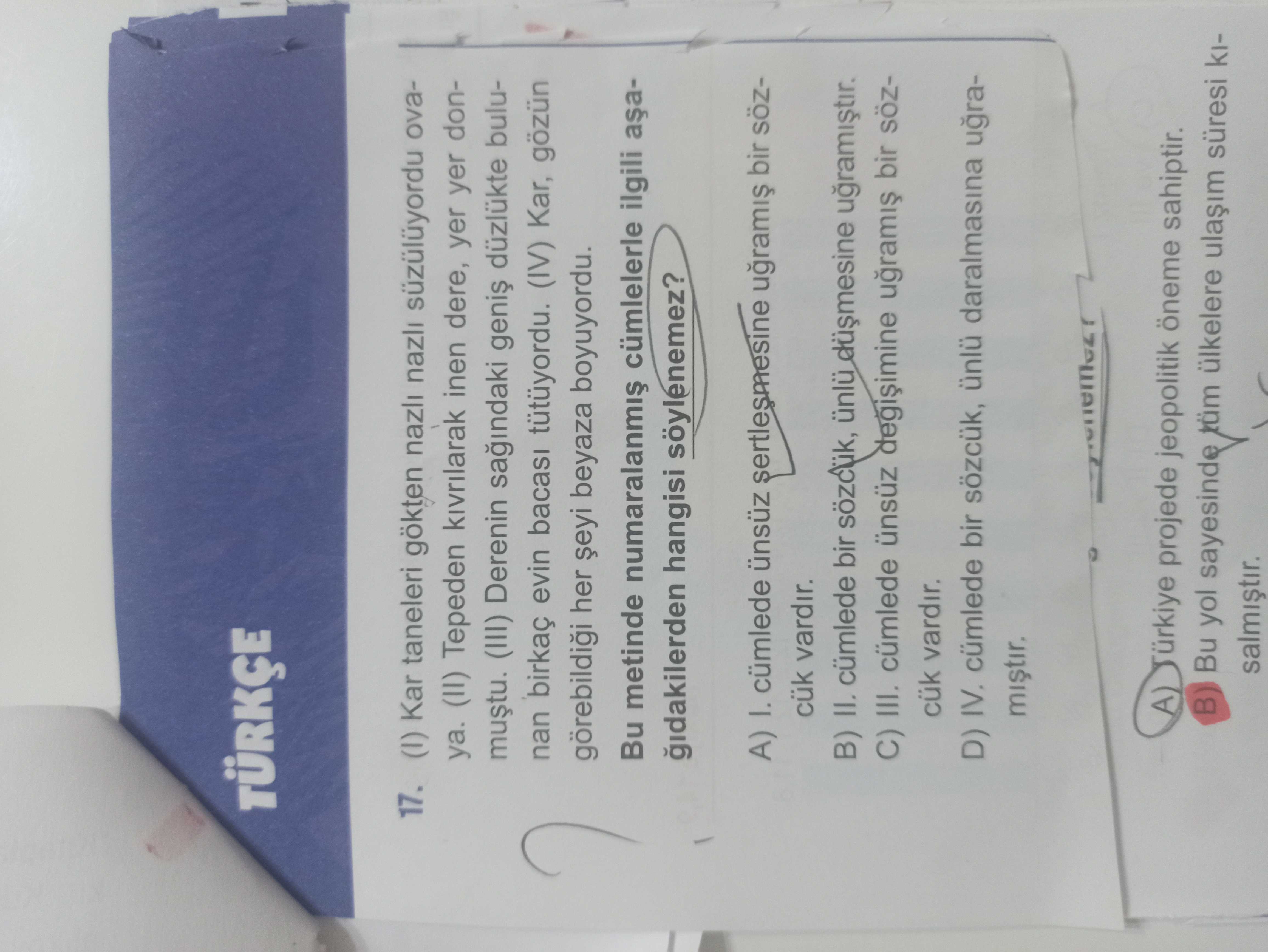 (I) Kar taneleri gökten nazlı nazlı süzülüyordu ovaya. (II) Tepeden kıvrılarak inen dere, yer yer