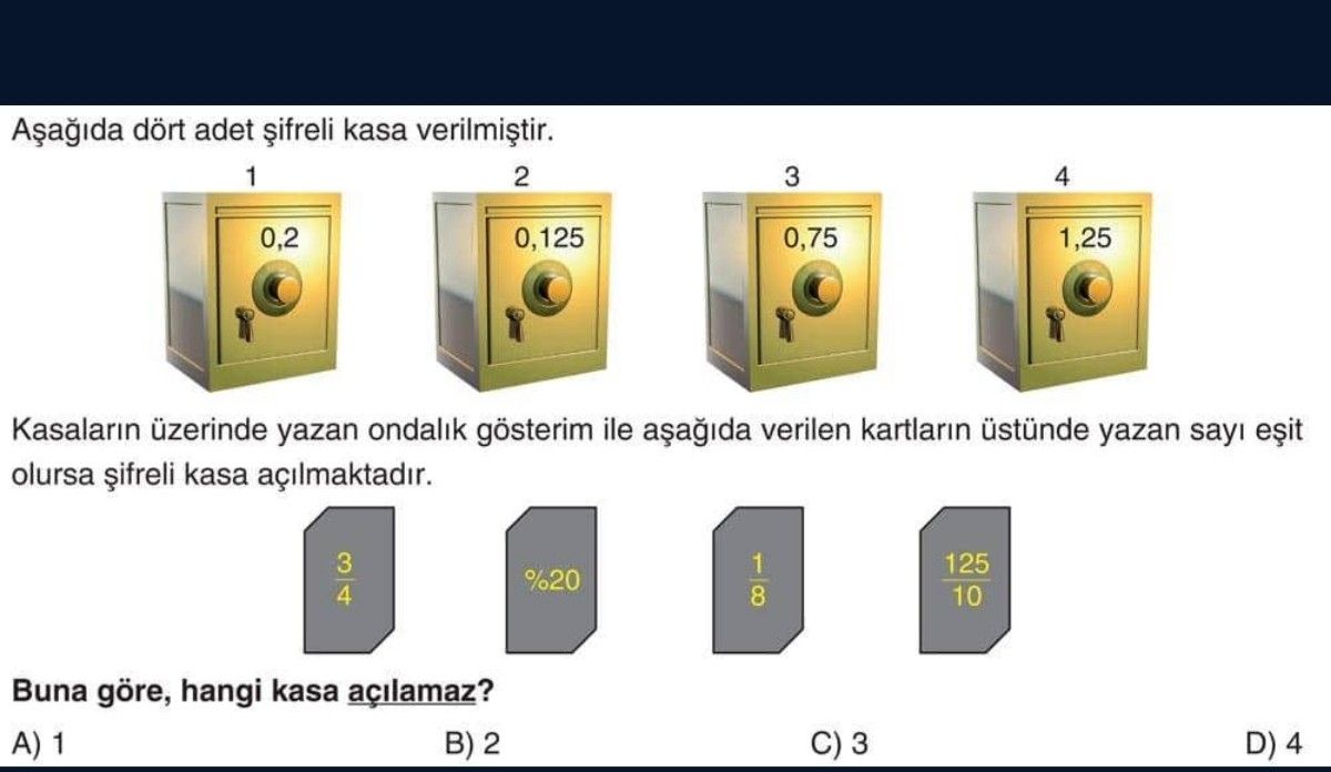 Aşağıda dört adet şifreli kasa verilmiştir. Kasaların üzerinde yazan ondalık gösterim ile aşağıda