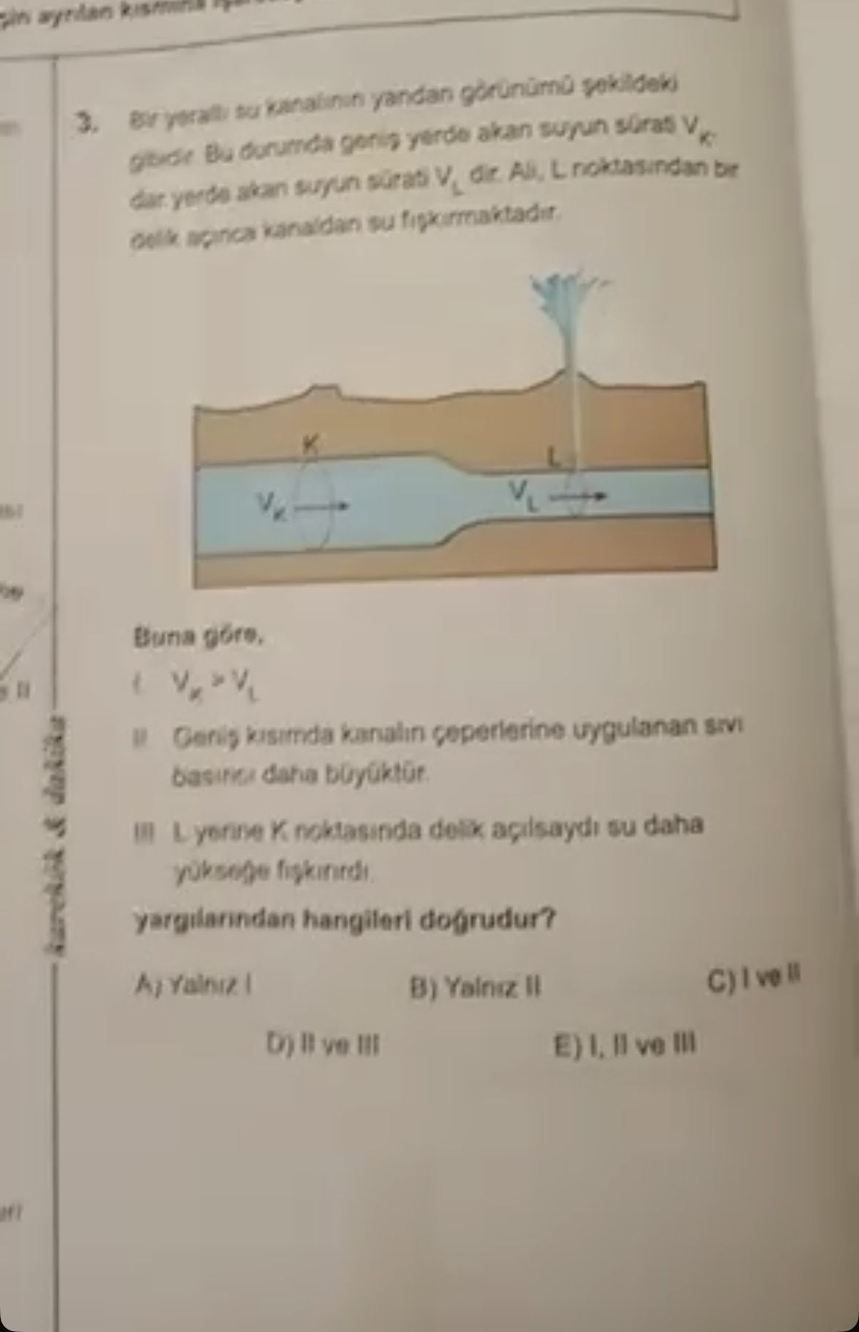Bir yeraltı su kanalının yandan görünümü şekildeki gibidir. Bu durumda geniş yerde akan suyun sürati