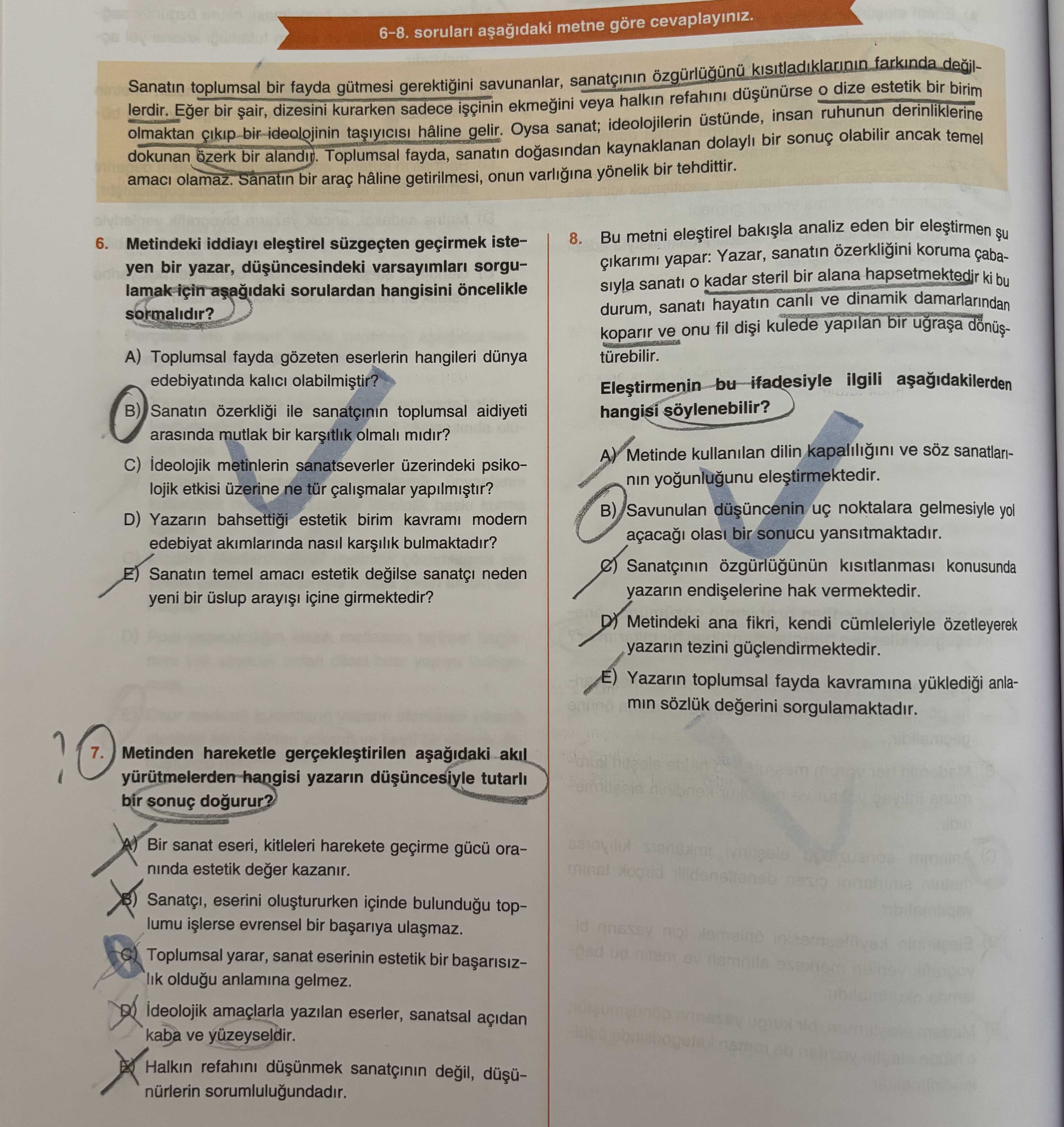 6-8. soruları aşağıdaki metne göre cevaplayınız. Sanatın toplumsal bir fayda gütmesi gerektiğini