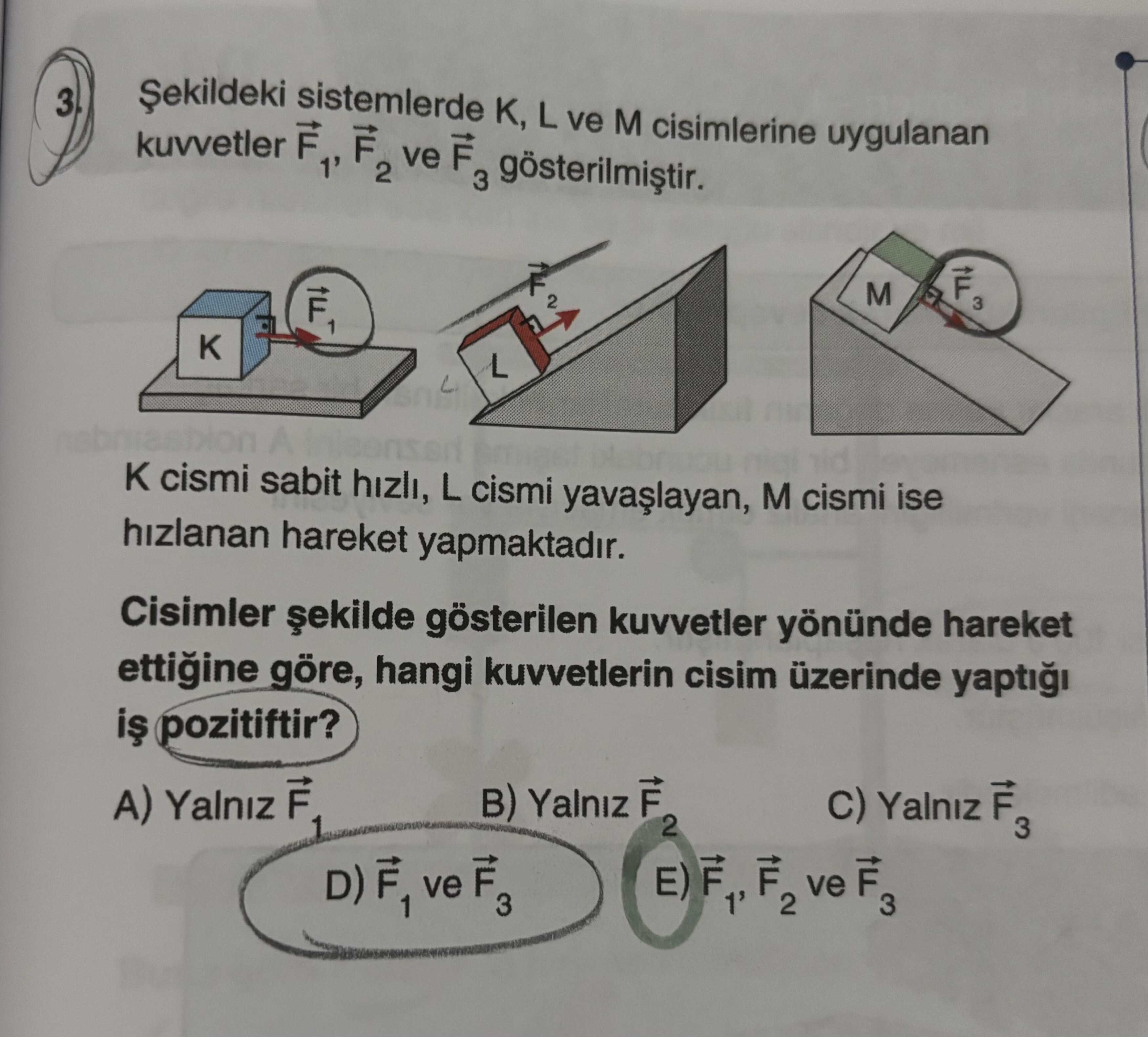 Şekildeki sistemlerde K, L ve M cisimlerine uygulanan kuvvetler F₁, F₂ ve F₃ gösterilmiştir. K cismi