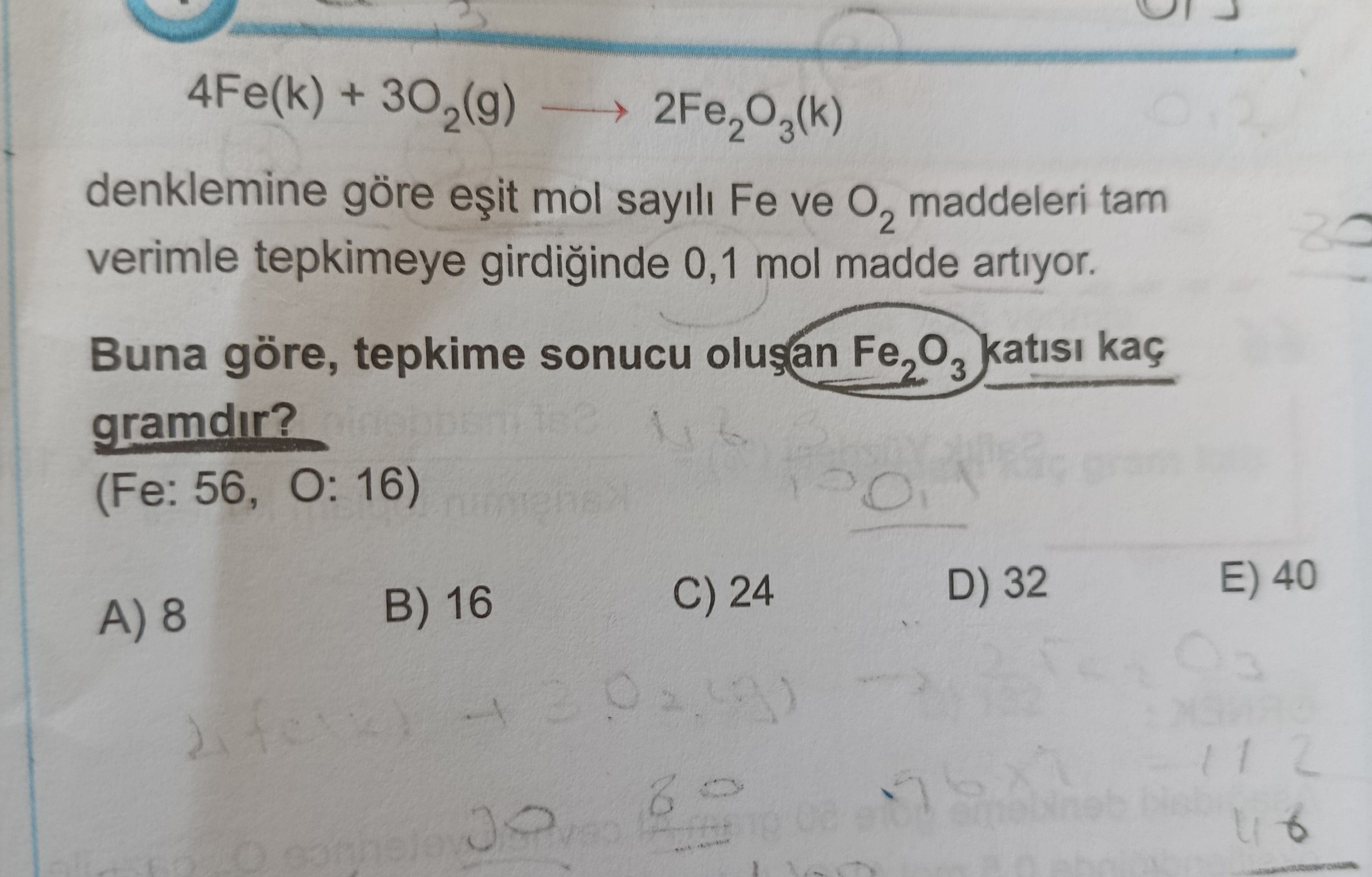 4Fe(k) + 3O₂(g) → 2Fe₂O₃(k) denklemine göre eşit mol sayılı Fe ve O₂ maddeleri tam verimle tepkimeye