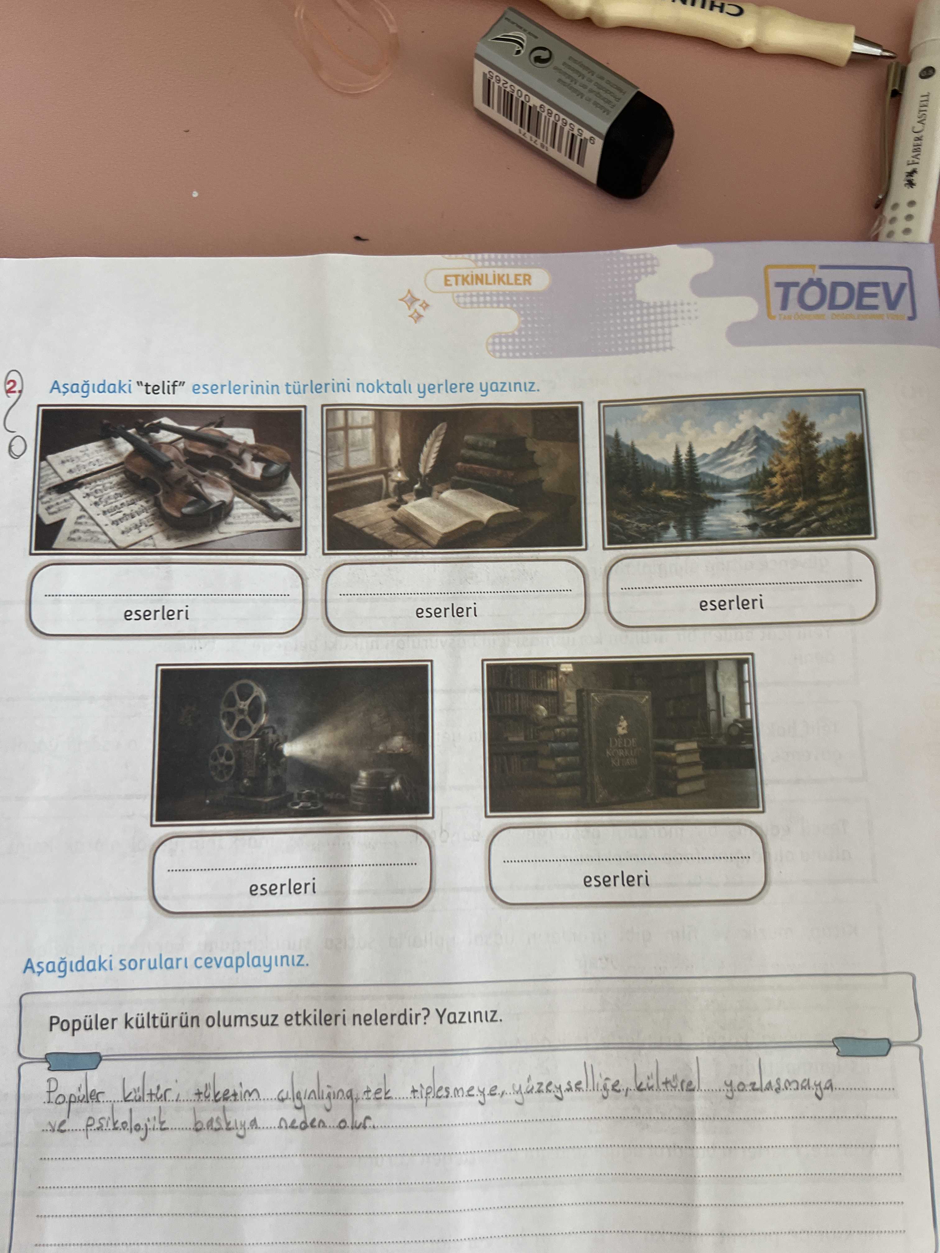 Aşağıdaki "telif" eserlerinin türlerini noktalı yerlere yazınız. ...................... eserleri