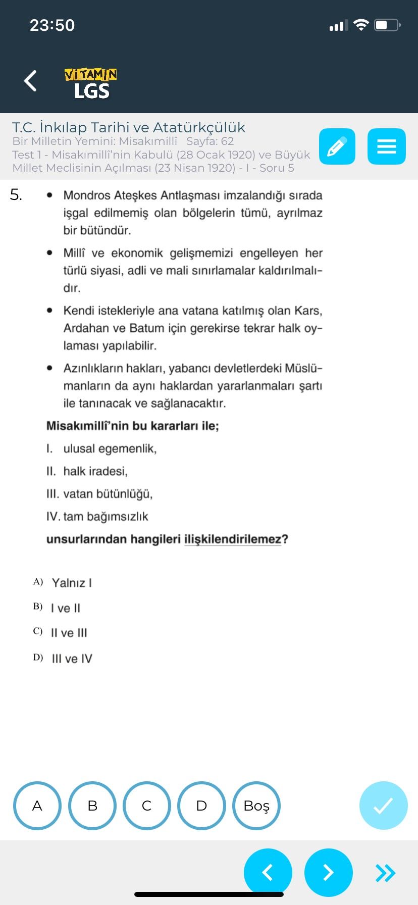 T.C. İnkılap Tarihi ve Atatürkçülük Bir Milletin Yeniden Misakımilli - Sayfa: 62 Test 1