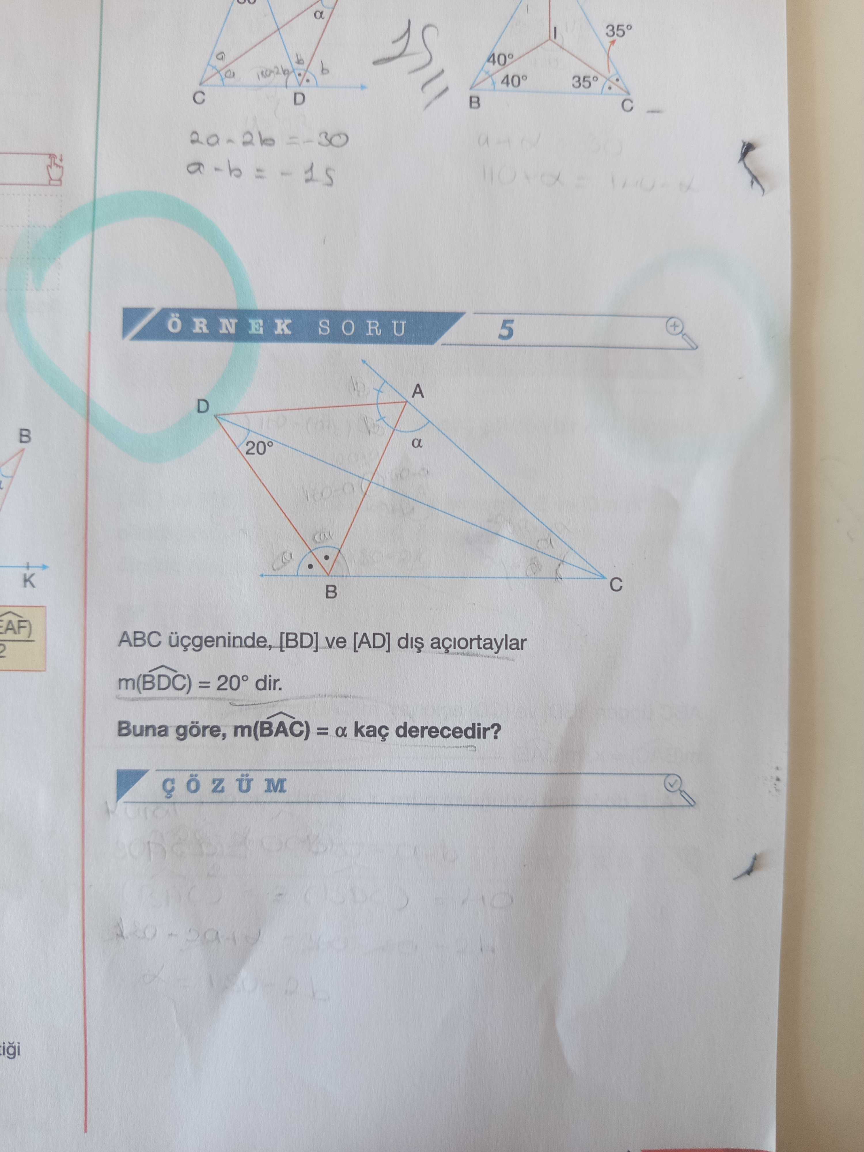 ABC üçgeninde, [BD] ve [AD] dış açıortaylar m(B̂DC) = 20° dir. Buna göre, m(B̂AC) = α kaç derecedir?