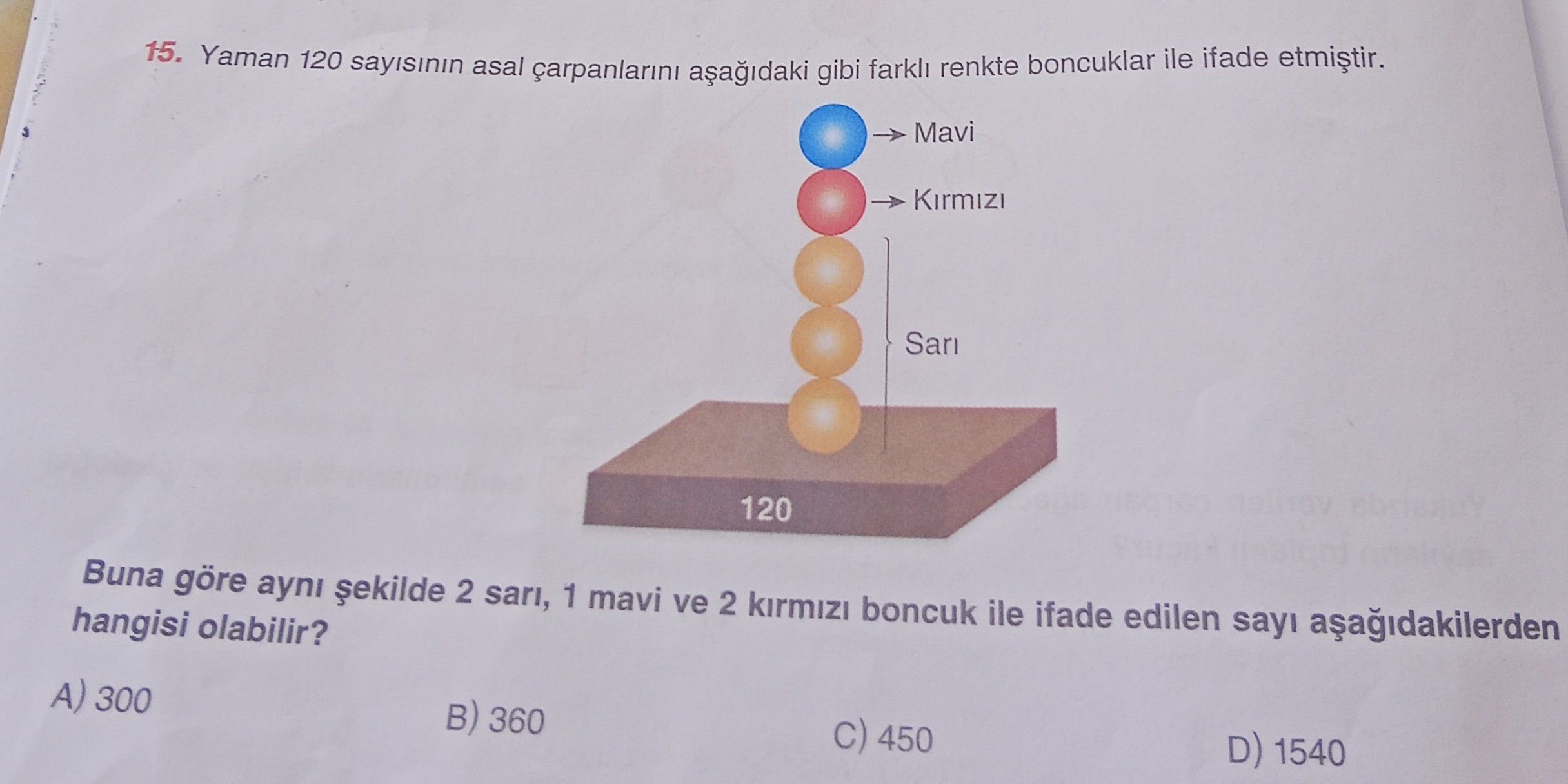 Yaman 120 sayısının asal çarpanlarını aşağıdaki gibi farklı renkte boncuklar ile ifade etmiştir