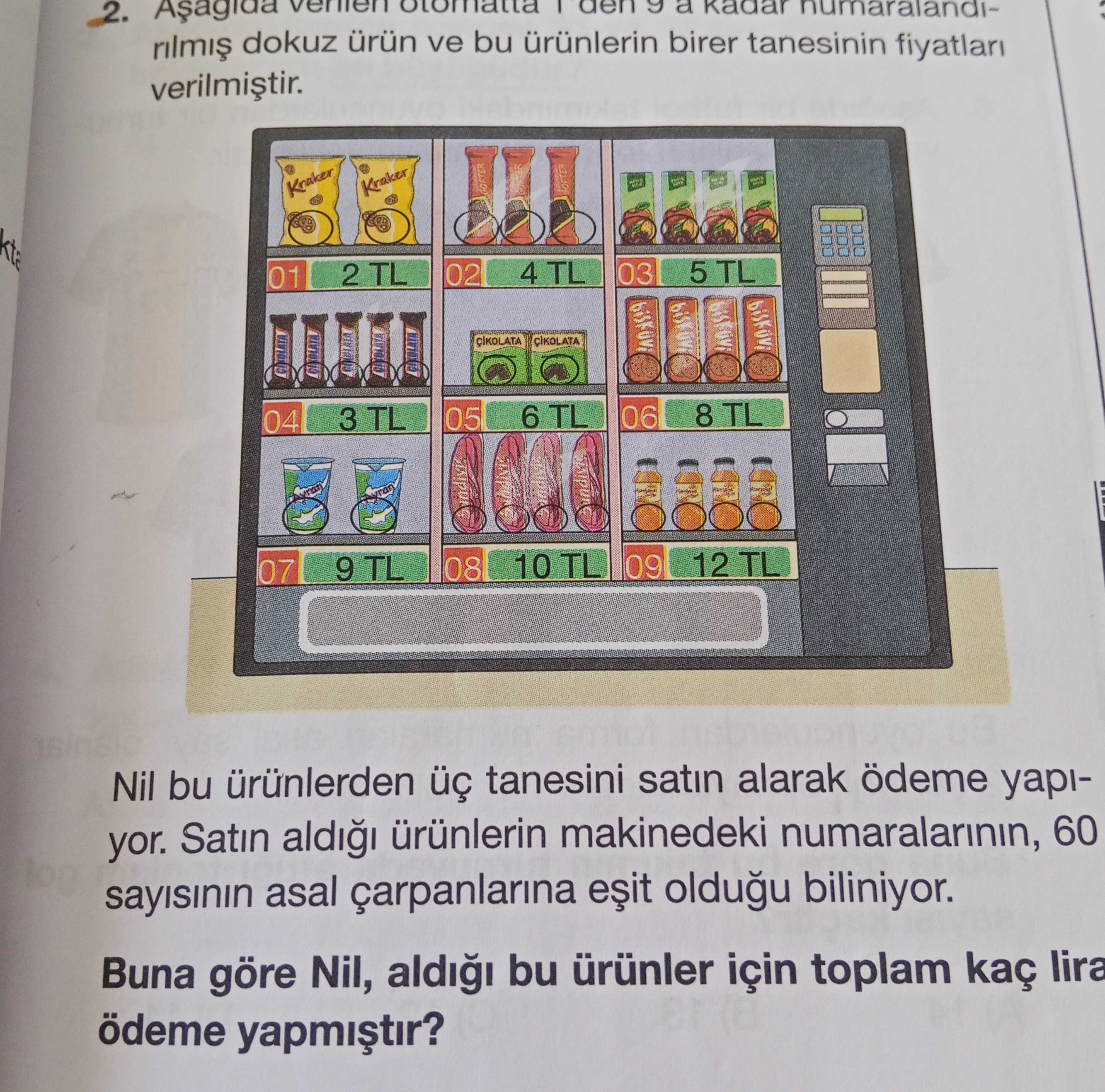 Aşağıda verilen otomatta 1'den 9'a kadar numaralandırılmış dokuz ürün ve bu ürünlerin birer