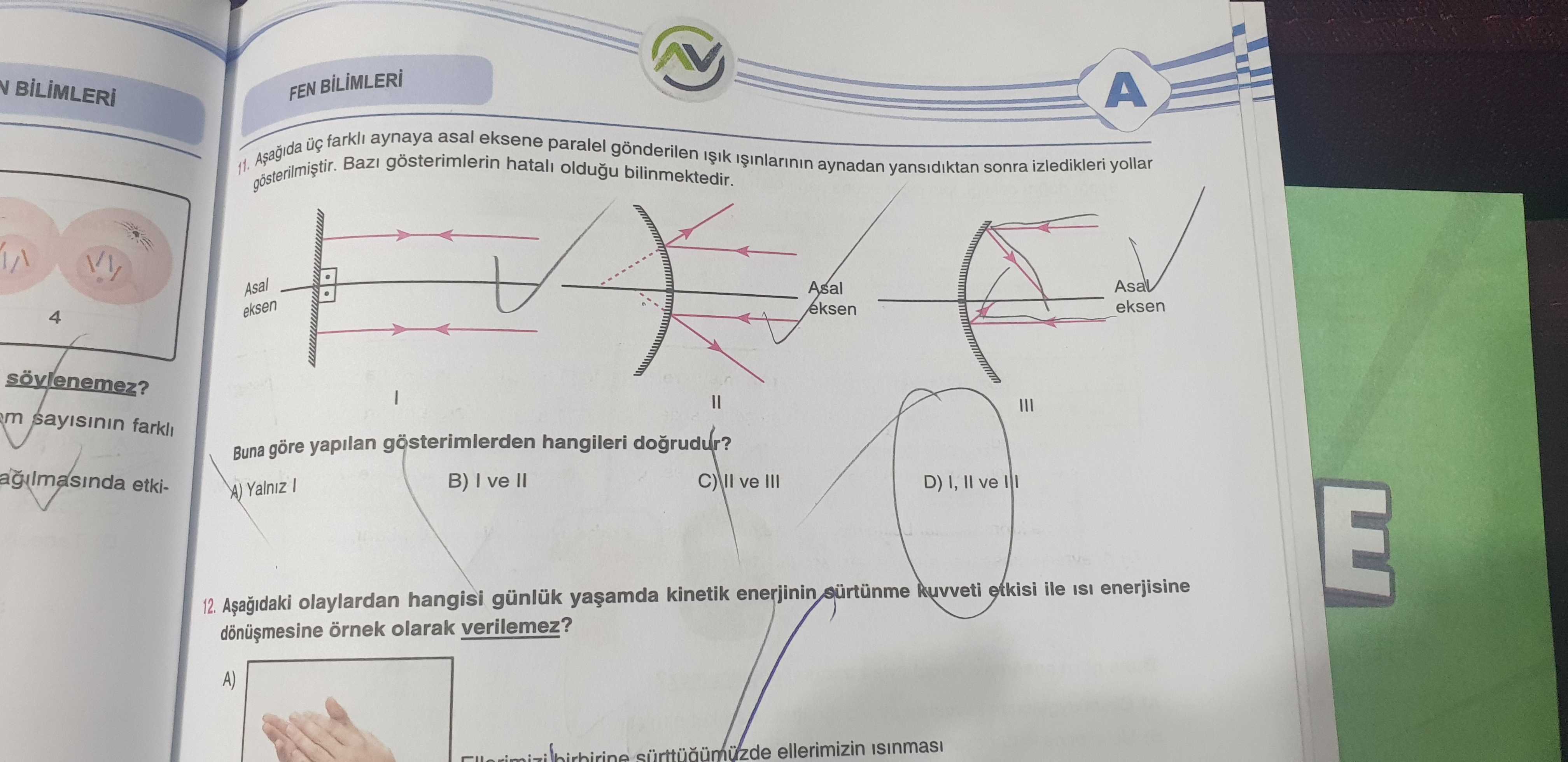 Aşağıda üç farklı aynaya asal eksene paralel gönderilen ışık ışınlarının aynadan yansıdıktan sonra