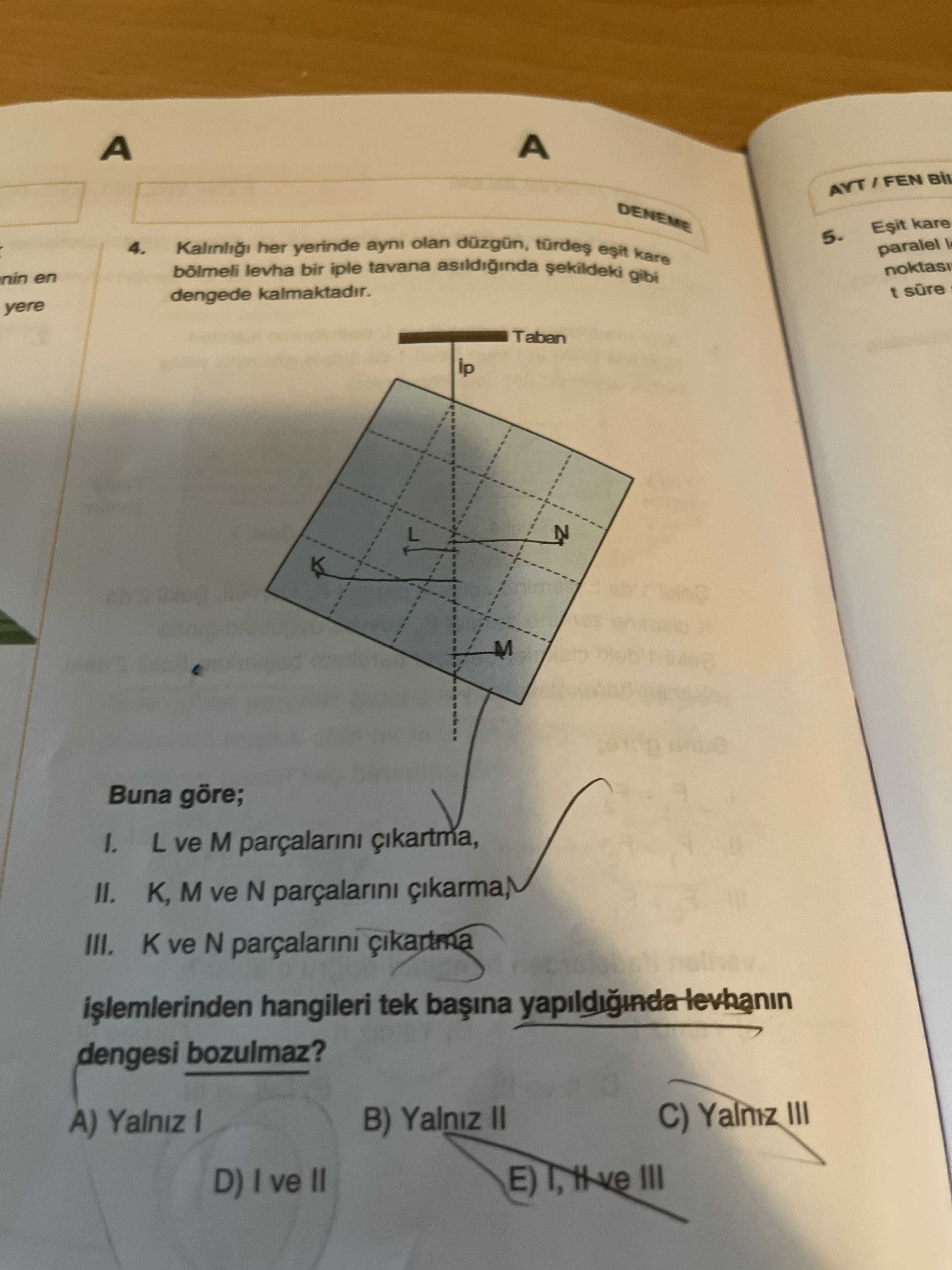 Kalınlığı her yerinde aynı olan düzgün, türdeş eşit kare bölmeli levha bir iple tavana asıldığında