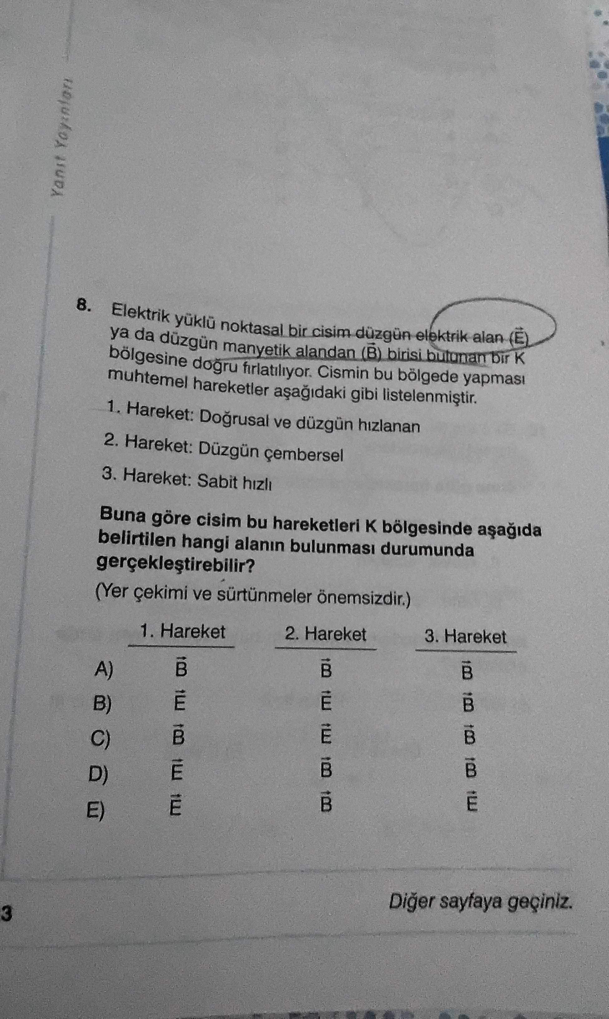 Elektrik yüklü noktasal bir cisim düzgün elektrik alan (Ē) ya da düzgün manyetik alandan (B̄) birisi