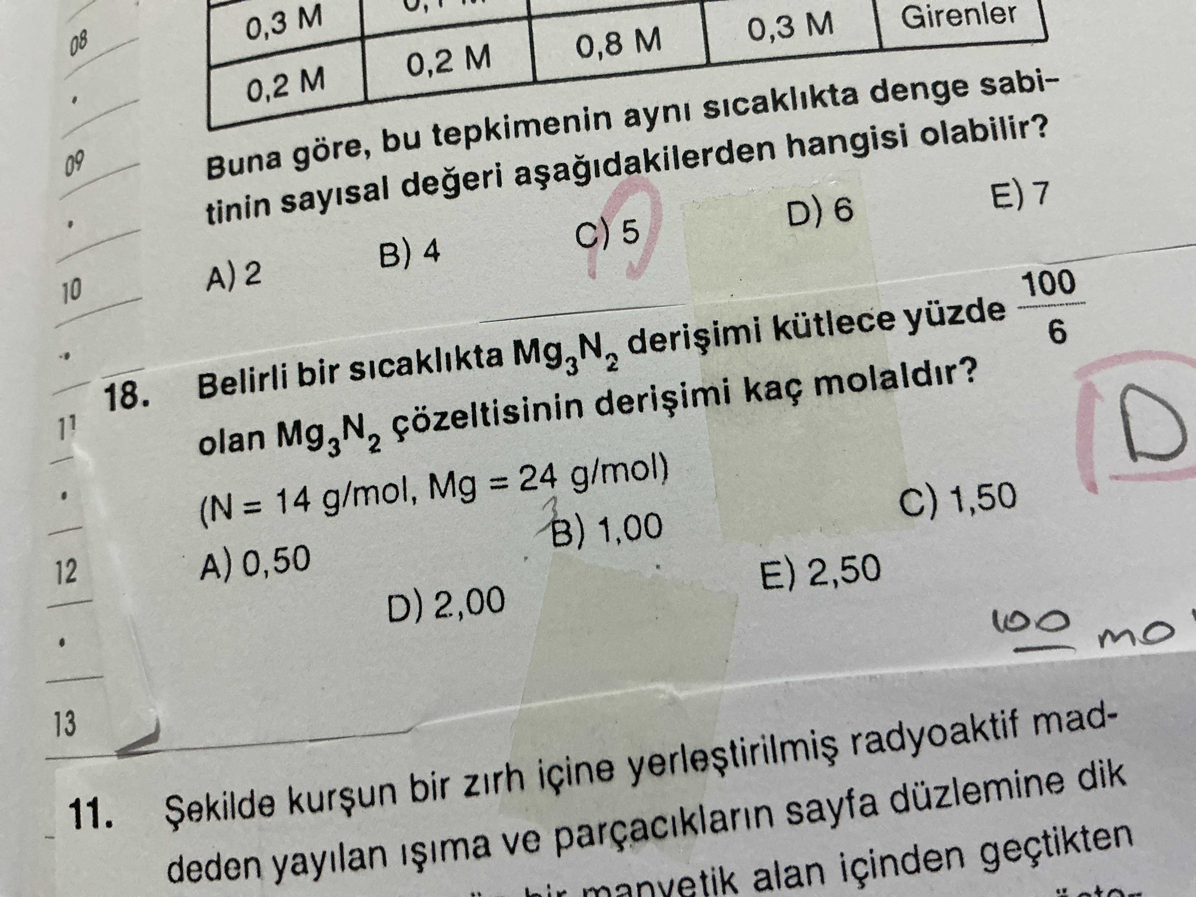Belirli bir sıcaklıkta Mg₃N₂ derişimi kütlece yüzde 100/6 olan Mg₃N₂ çözeltisinin derişimi kaç