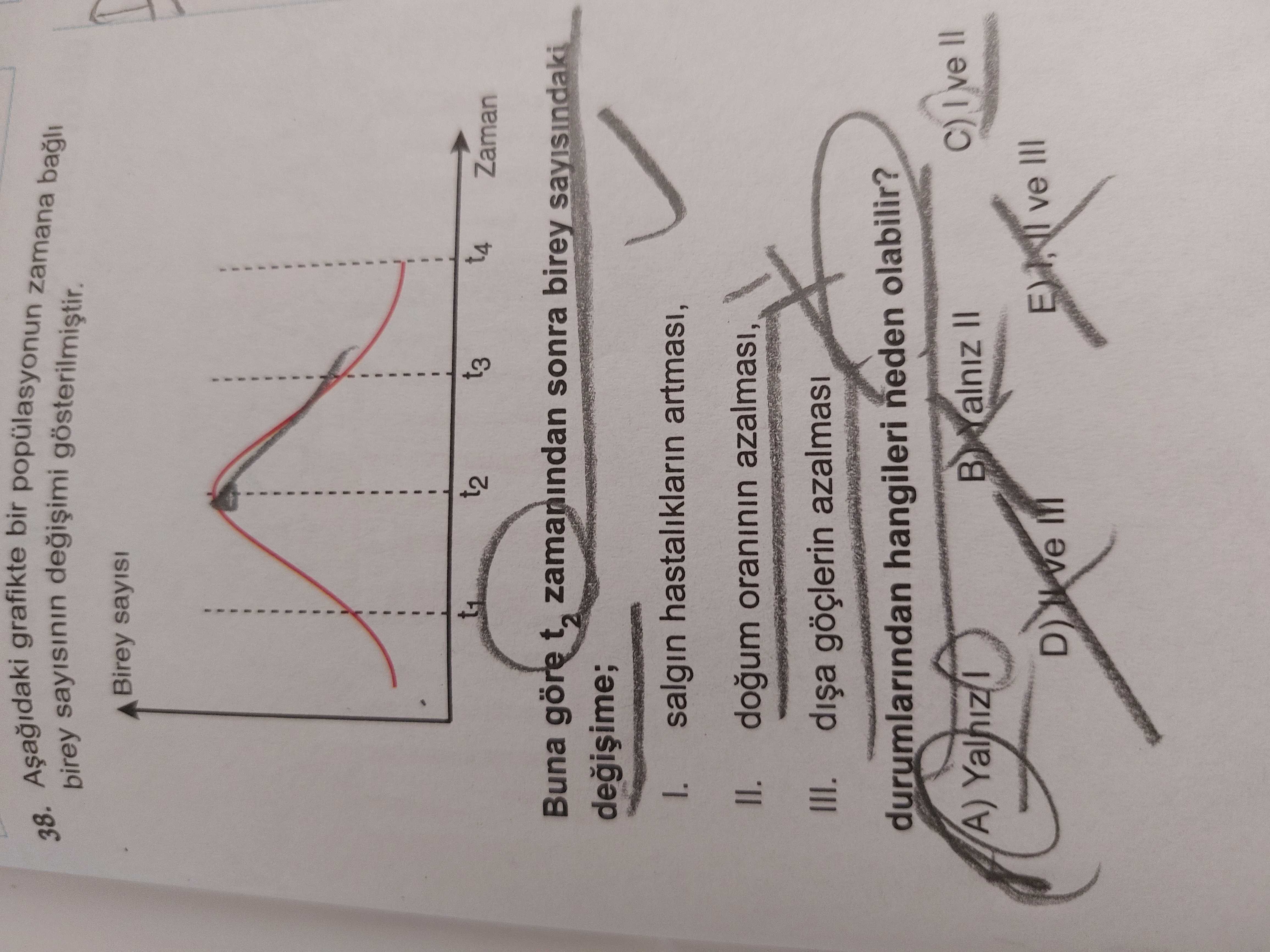 Aşağıdaki grafikte bir popülasyonun zamana bağlı birey sayısının değişimi gösterilmiştir. Buna göre