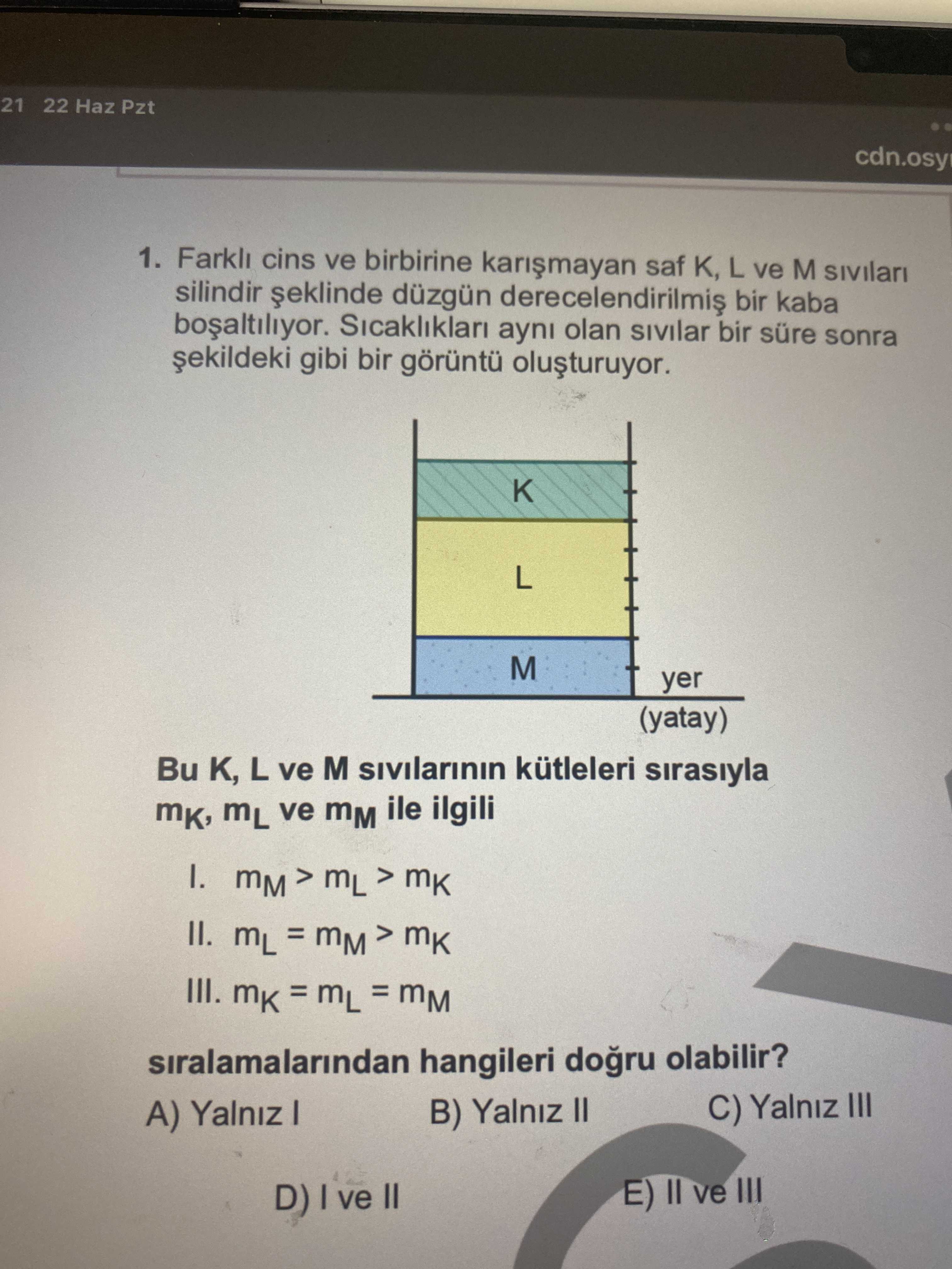 Farklı cins ve birbirine karışmayan saf K, L ve M sıvıları silindir şeklinde düzgün