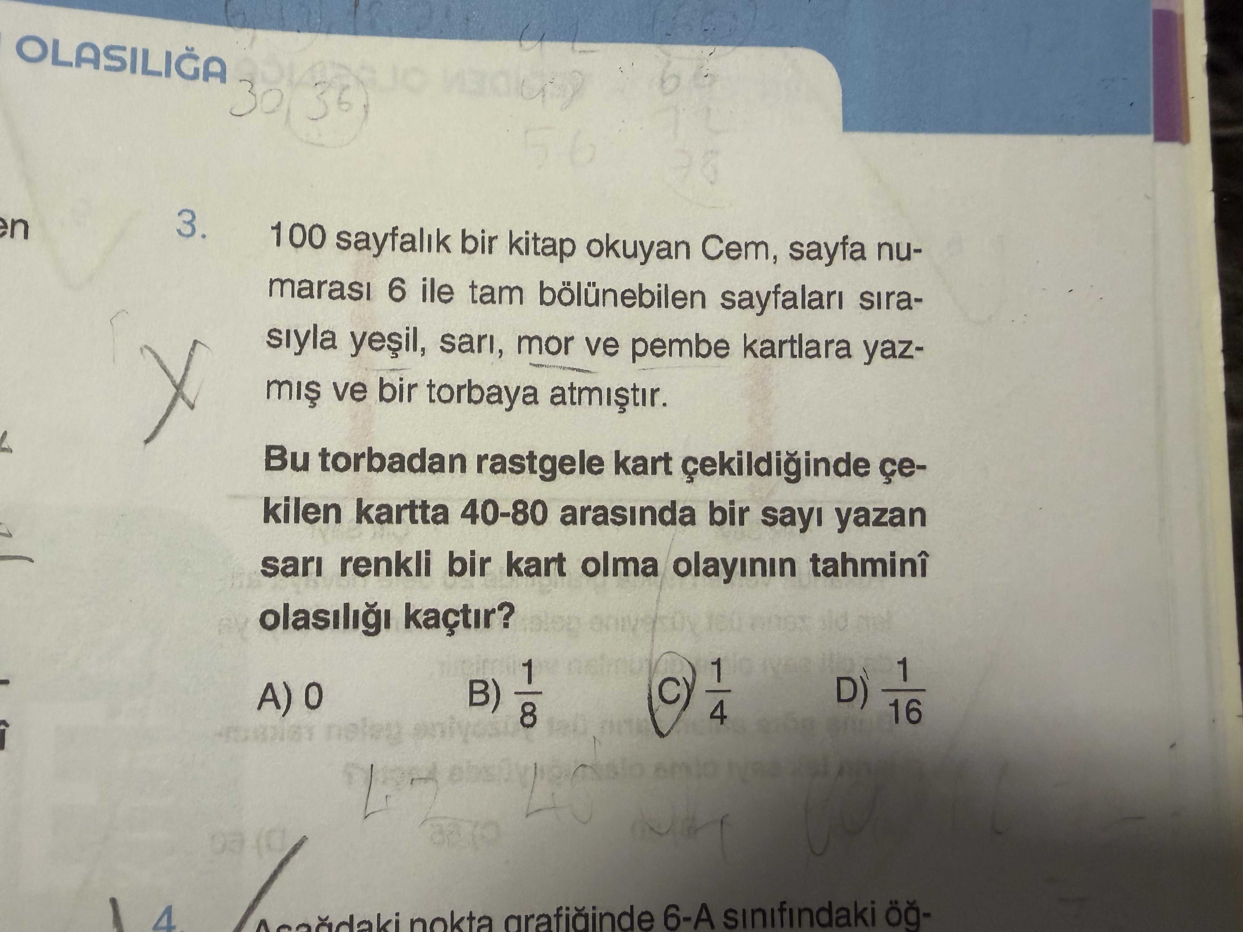 100 sayfalık bir kitap okuyan Cem, sayfa numarası 6 ile tam bölünebilen sayfaları sırasıyla yeşil