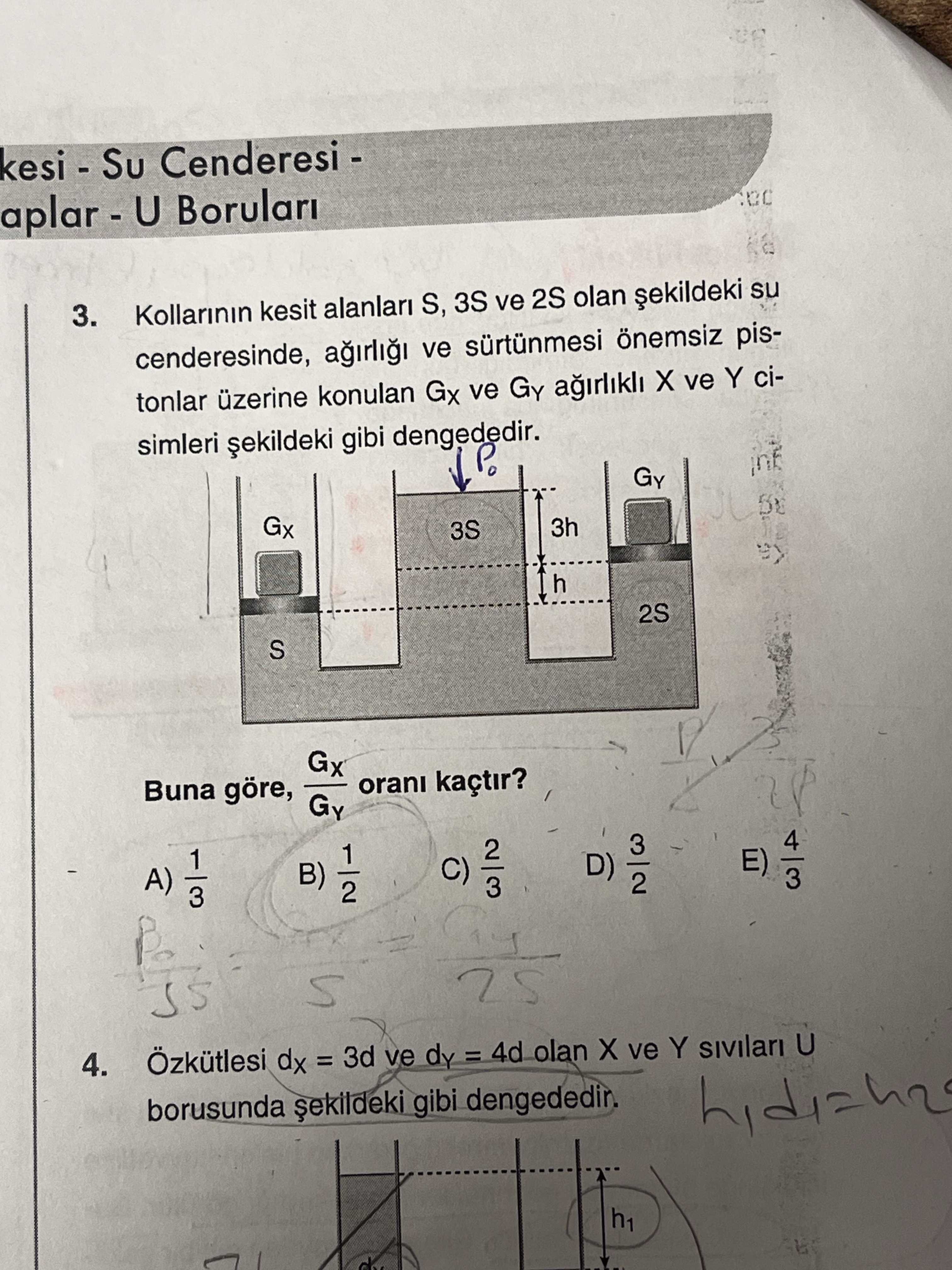 Kollarının kesit alanları S, 3S ve 2S olan şekildeki su cenderesinde, ağırlığı ve sürtünmesi önemsiz