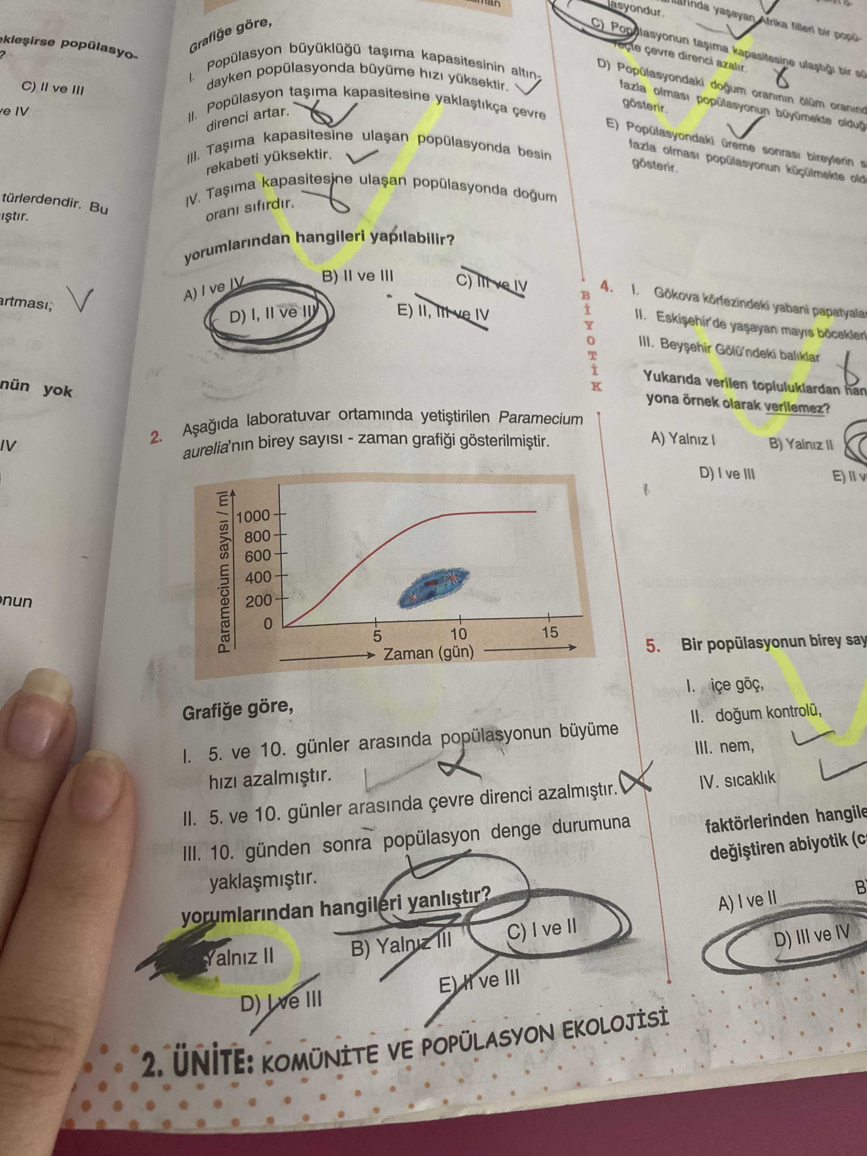 Aşağıda laboratuvar ortamında yetiştirilen Paramecium aurelia'nın birey sayısı - zaman grafiği